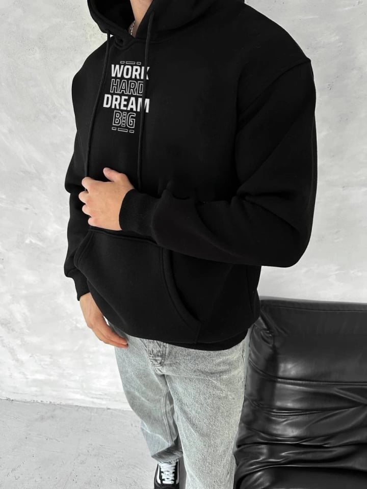 Kışlık Üç İplik Kapşonlu Sweatshirt - Siyah