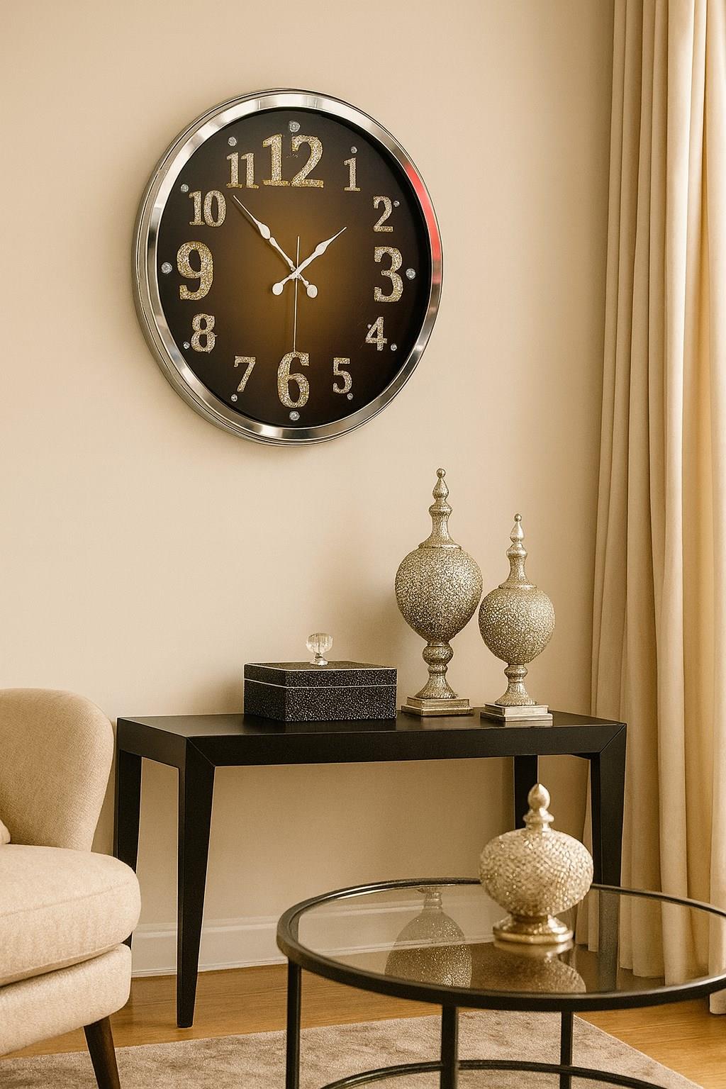 Krom Işıltılı Zaman 52 Cm Metal Duvar Saati