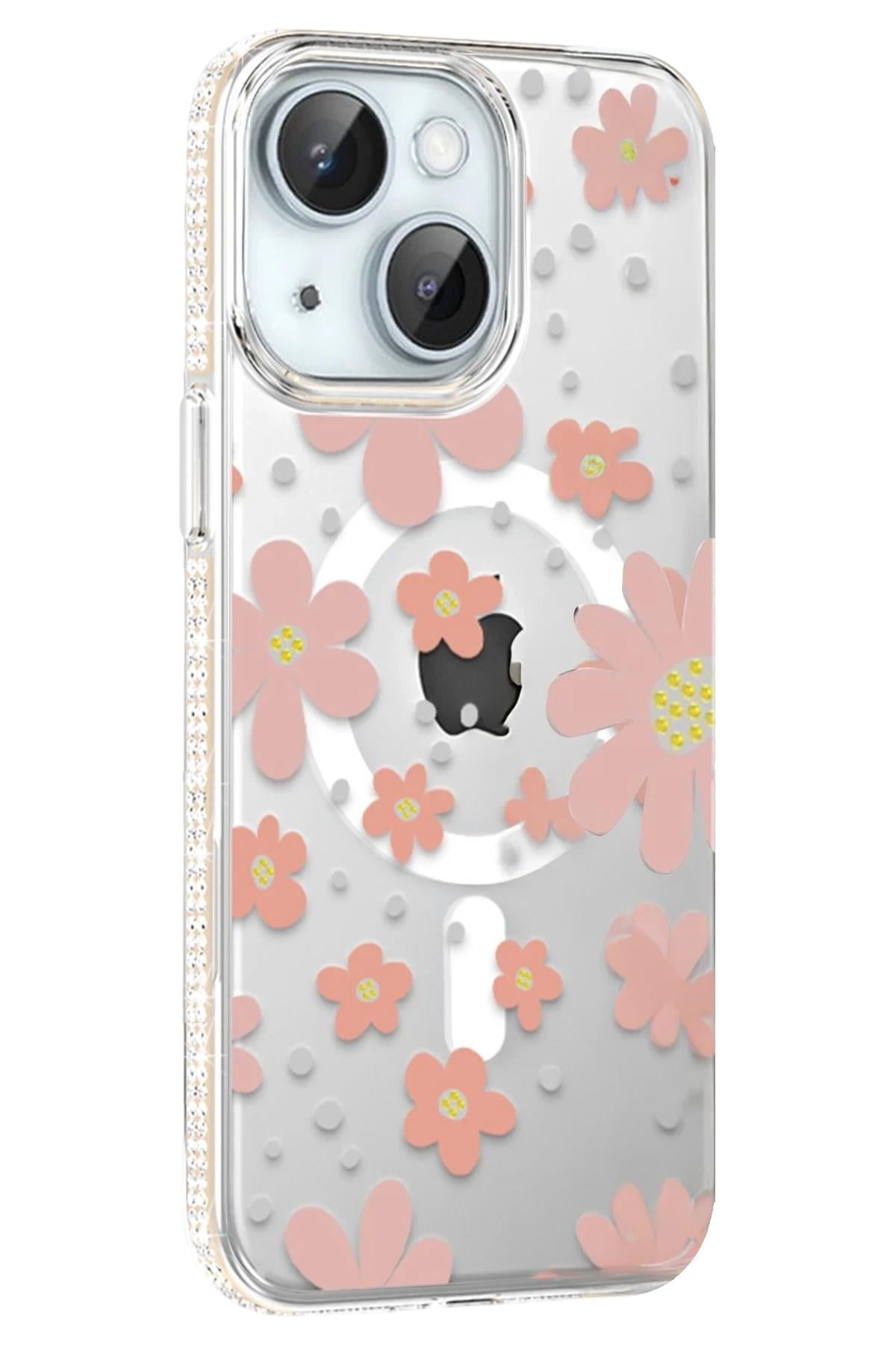 Mey İthalat®   iPhone 14 Floral Magsafe Kapak - Pembe