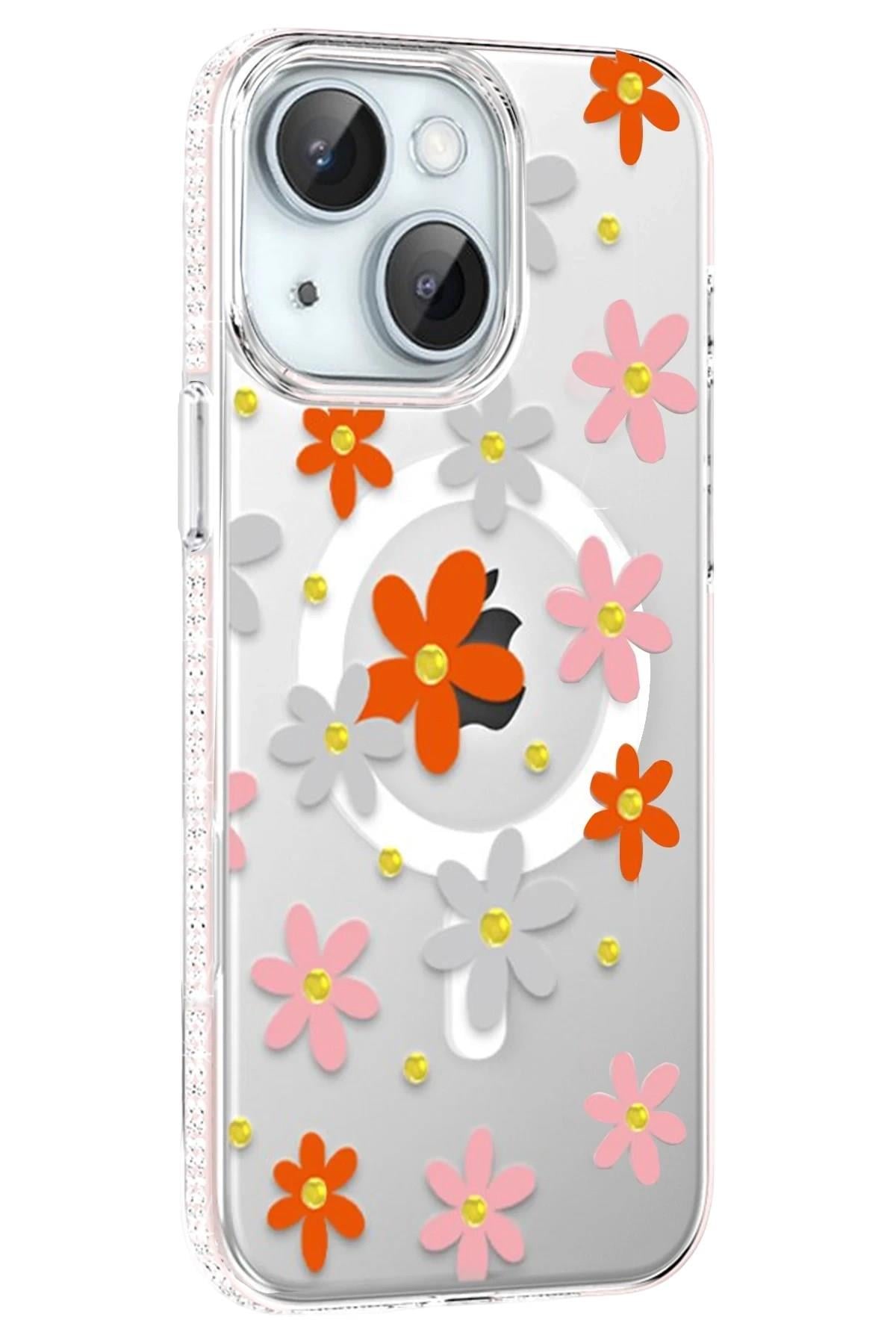 Mey İthalat®   iPhone 14 Floral Magsafe Kapak - Turuncu