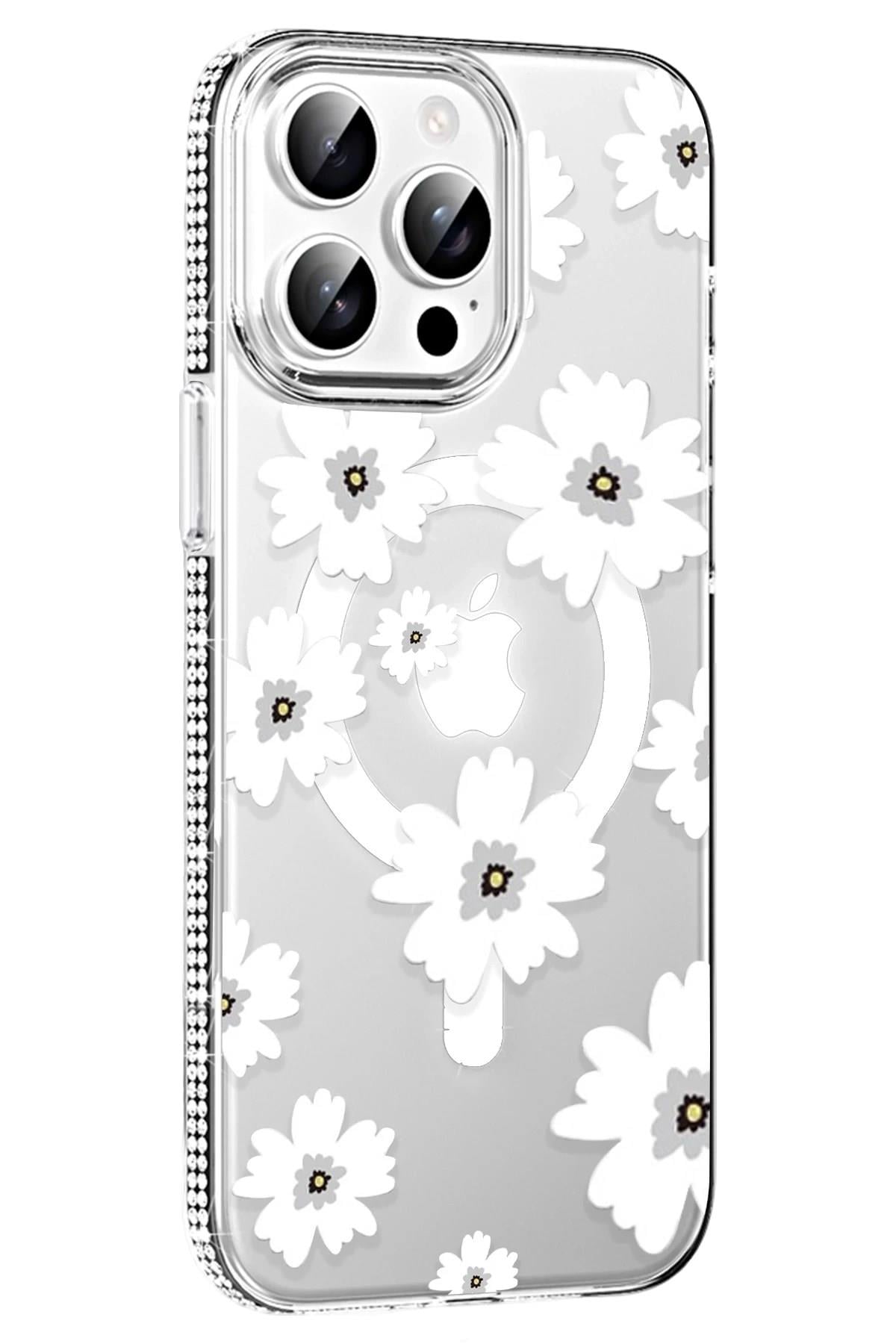 Mey İthalat®   iPhone 15 Pro Floral Magsafe Kapak - Beyaz