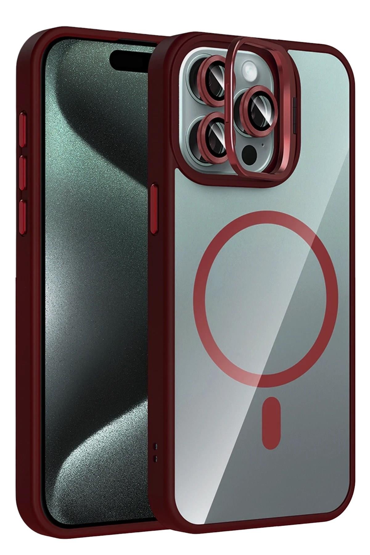 Mey İthalat®   iPhone 15 Pro Max Remim Lensli Magsafe Standlı Kapak - Bordo