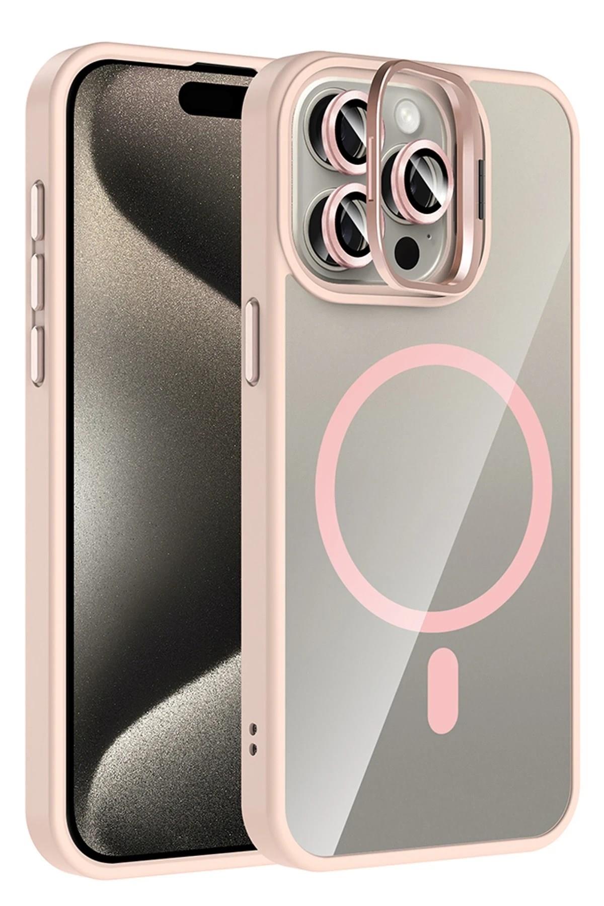 Mey İthalat®   iPhone 15 Pro Max Remim Lensli Magsafe Standlı Kapak - Pembe