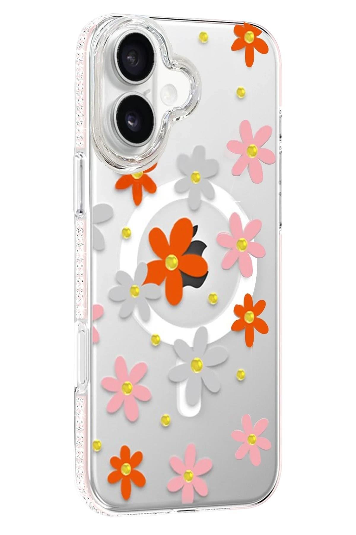 Mey İthalat®   iPhone 16 Floral Magsafe Kapak - Turuncu