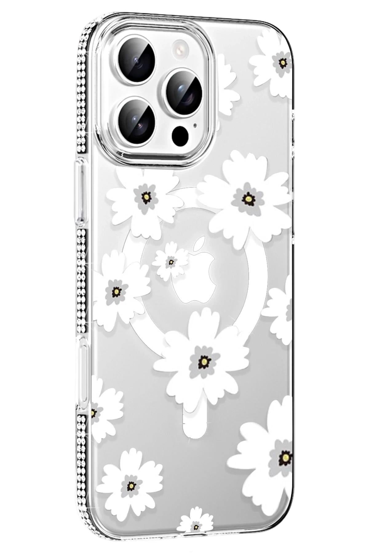 Mey İthalat®   iPhone 16 Pro Max Floral Magsafe Kapak - Beyaz