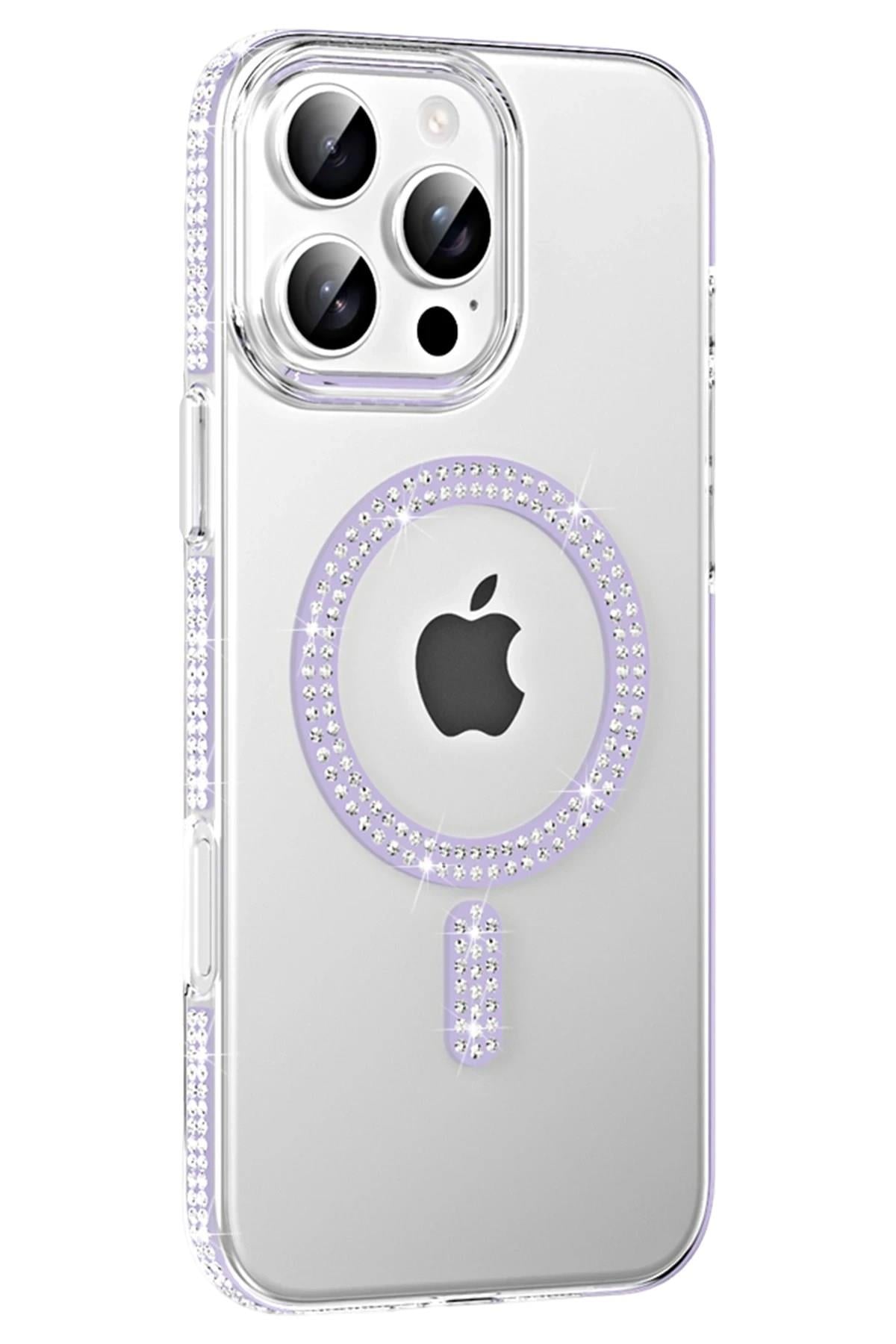 Mey İthalat®   iPhone 16 Pro Max Move Taşlı Magsafe Kapak - Lila