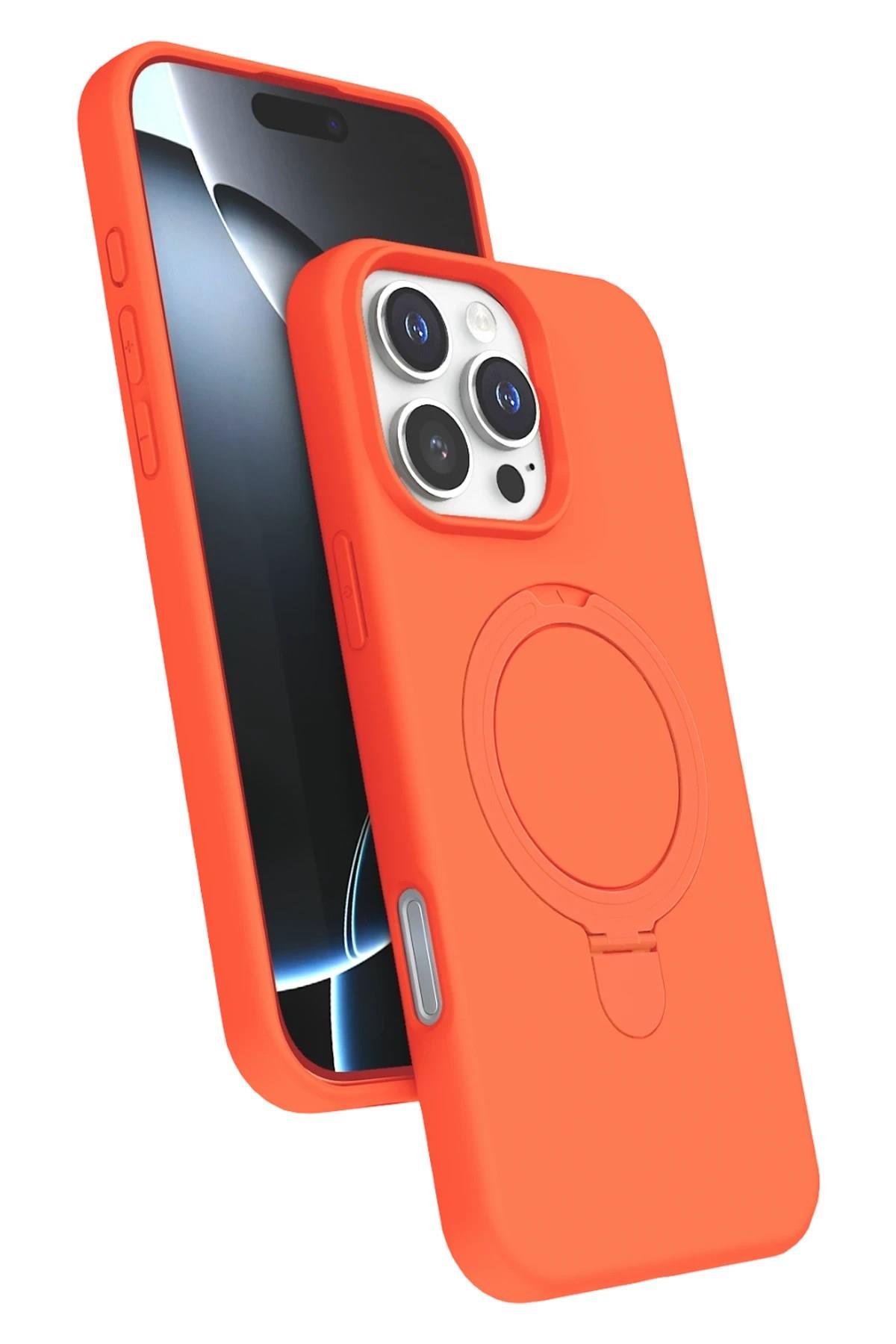 Mey İthalat®   iPhone 16 Pro Regal Magsafe Standlı Kapak - Turuncu