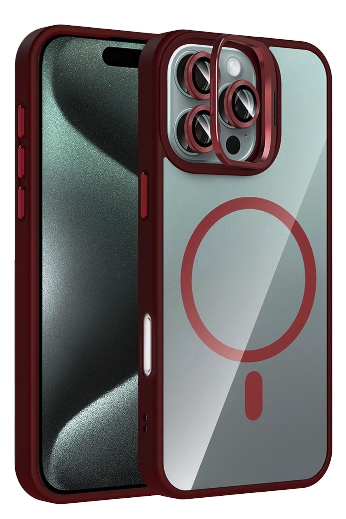 Mey İthalat®   iPhone 16 Pro Remim Lensli Magsafe Standlı Kapak - Bordo