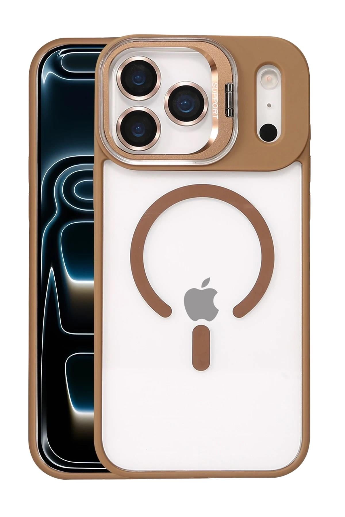 Mey İthalat®   iPhone 17 Pro Max Remim Lensli Magsafe Standlı Kapak - Kahverengi