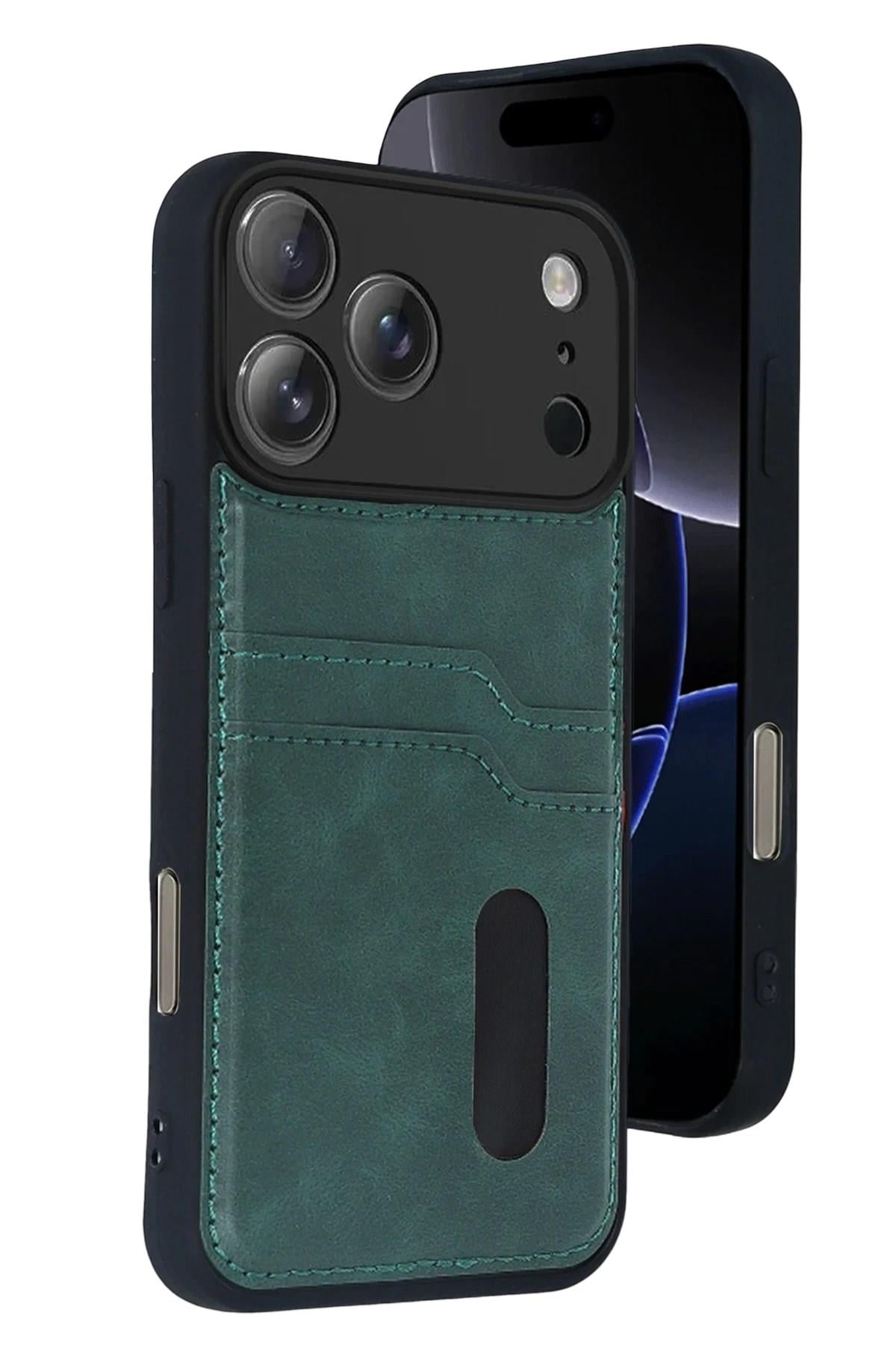 Mey İthalat®   iPhone 17 Pro Max Sara Kartvizitli Deri Kılıf - Yeşil