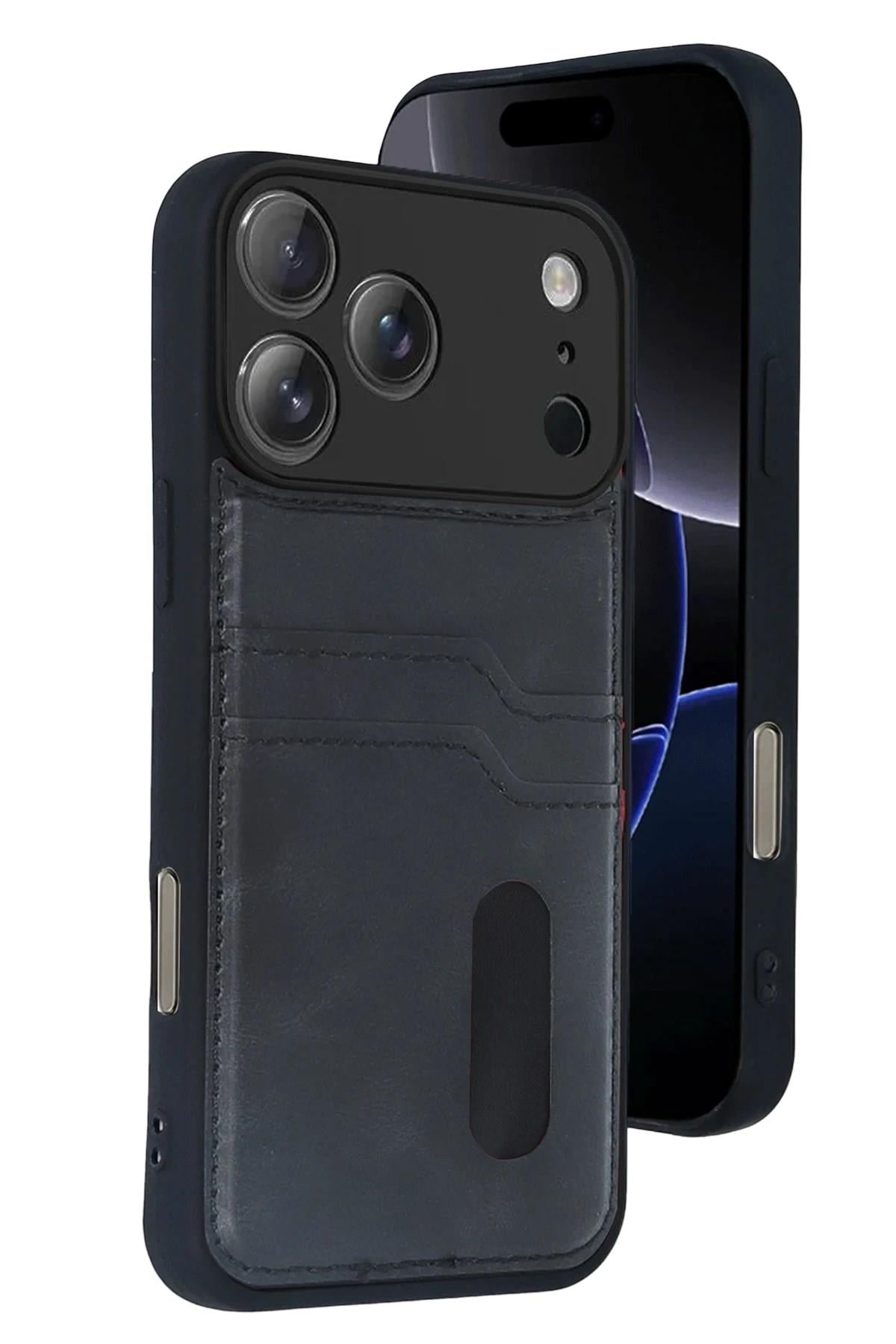 Mey İthalat®   iPhone 17 Pro Max Sara Kartvizitli Deri Kılıf - Siyah