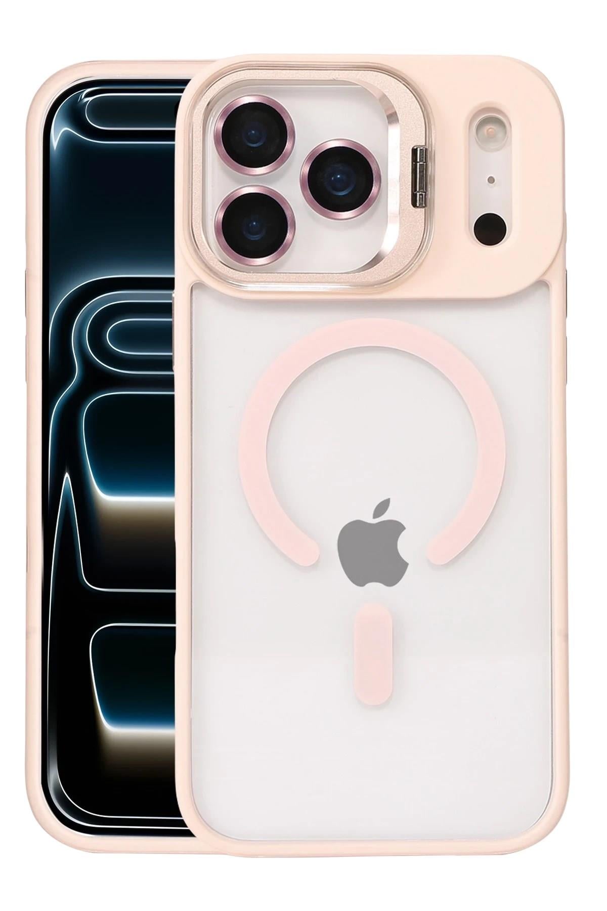 Mey İthalat®   iPhone 17 Pro Remim Lensli Magsafe Standlı Kapak - Pembe