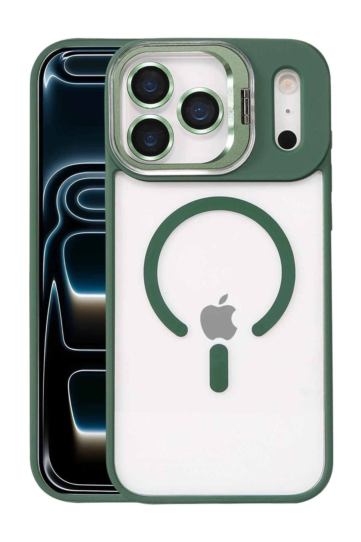 Mey İthalat®   iPhone 17 Pro Remim Lensli Magsafe Standlı Kapak - Koyu Yeşil