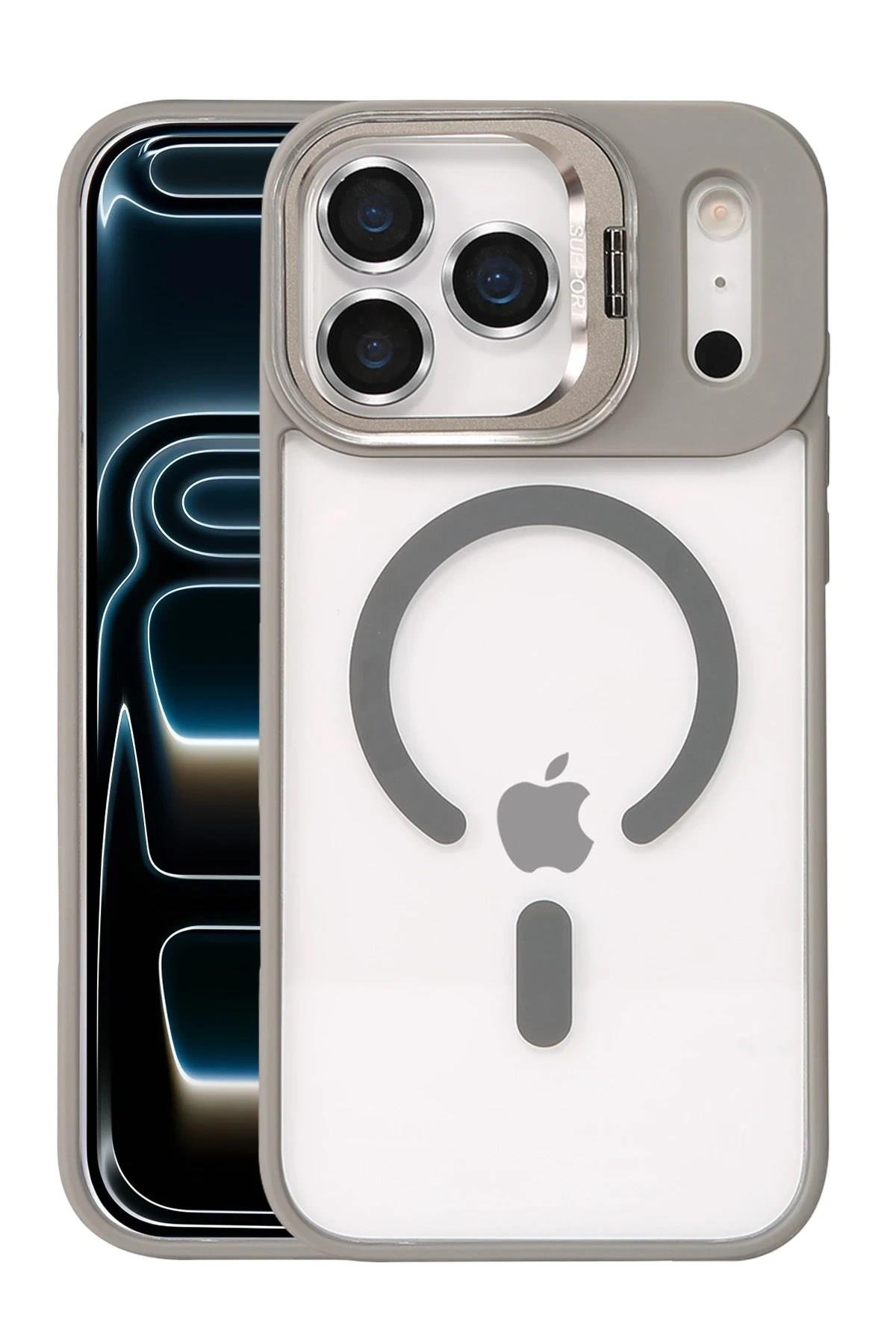 Mey İthalat®   iPhone 17 Pro Remim Lensli Magsafe Standlı Kapak - Titan Gri