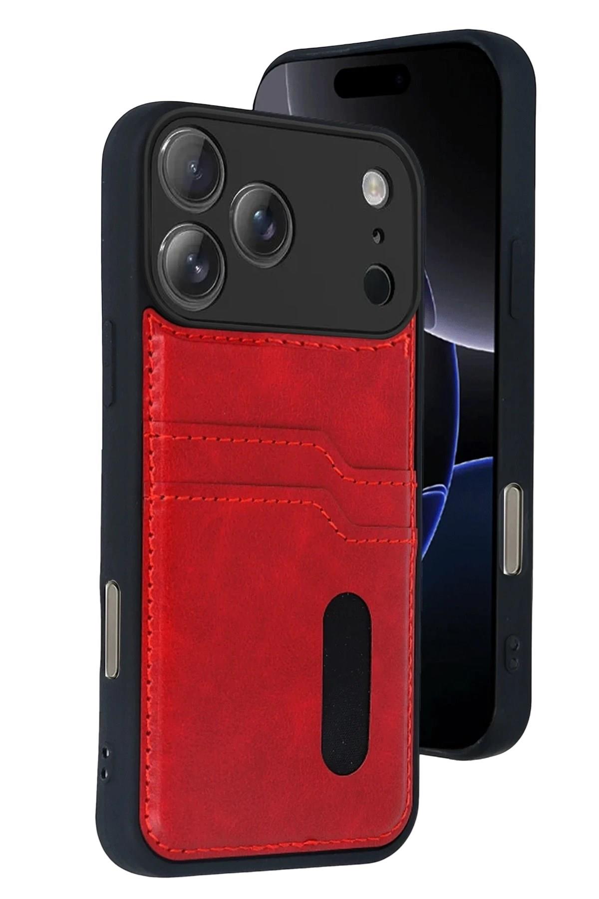 Mey İthalat®   iPhone 17 Pro Sara Kartvizitli Deri Kılıf - Kırmızı