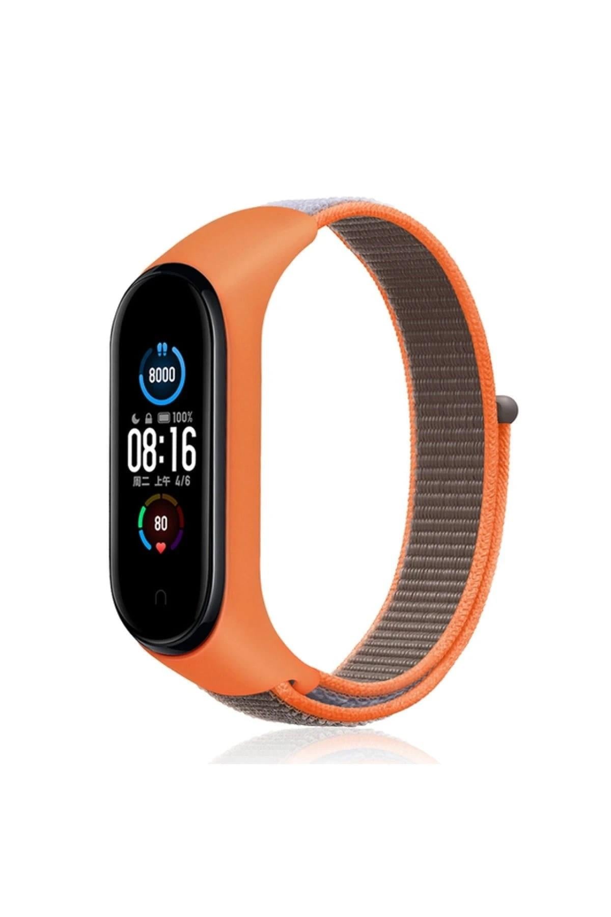 Mey İthalat®   Mi Band 4 Hasırlı Cırtcırtlı Kordon - Turuncu-Gri