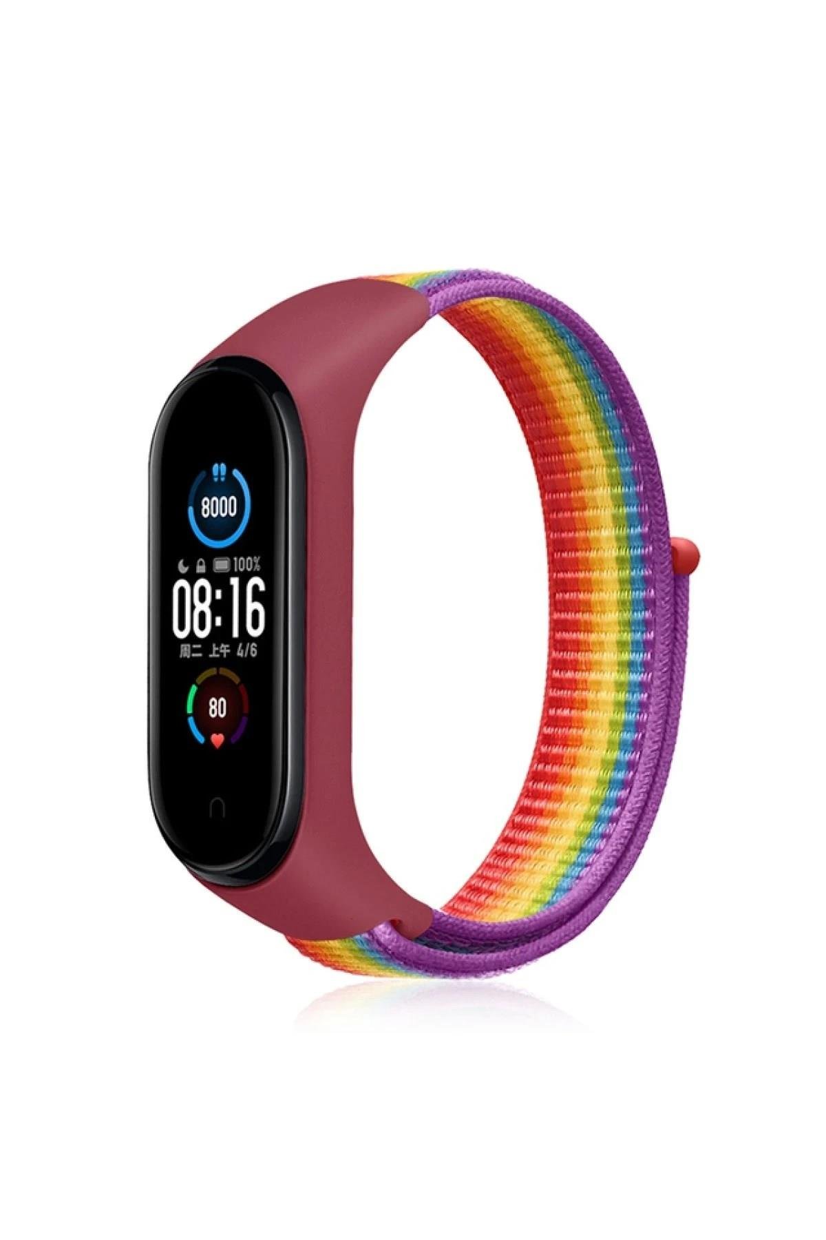 Mey İthalat®   Mi Band 4 Hasırlı Cırtcırtlı Kordon - Gökkuşağı