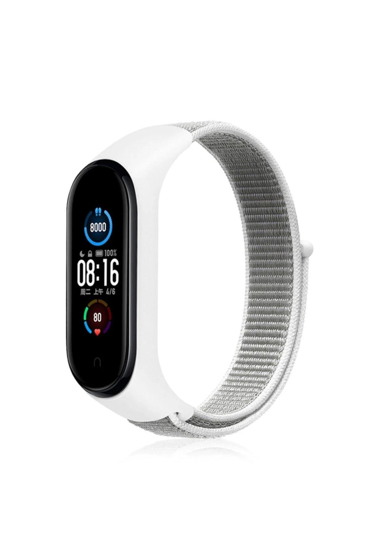 Mey İthalat®   Mi Band 4 Hasırlı Cırtcırtlı Kordon - Beyaz