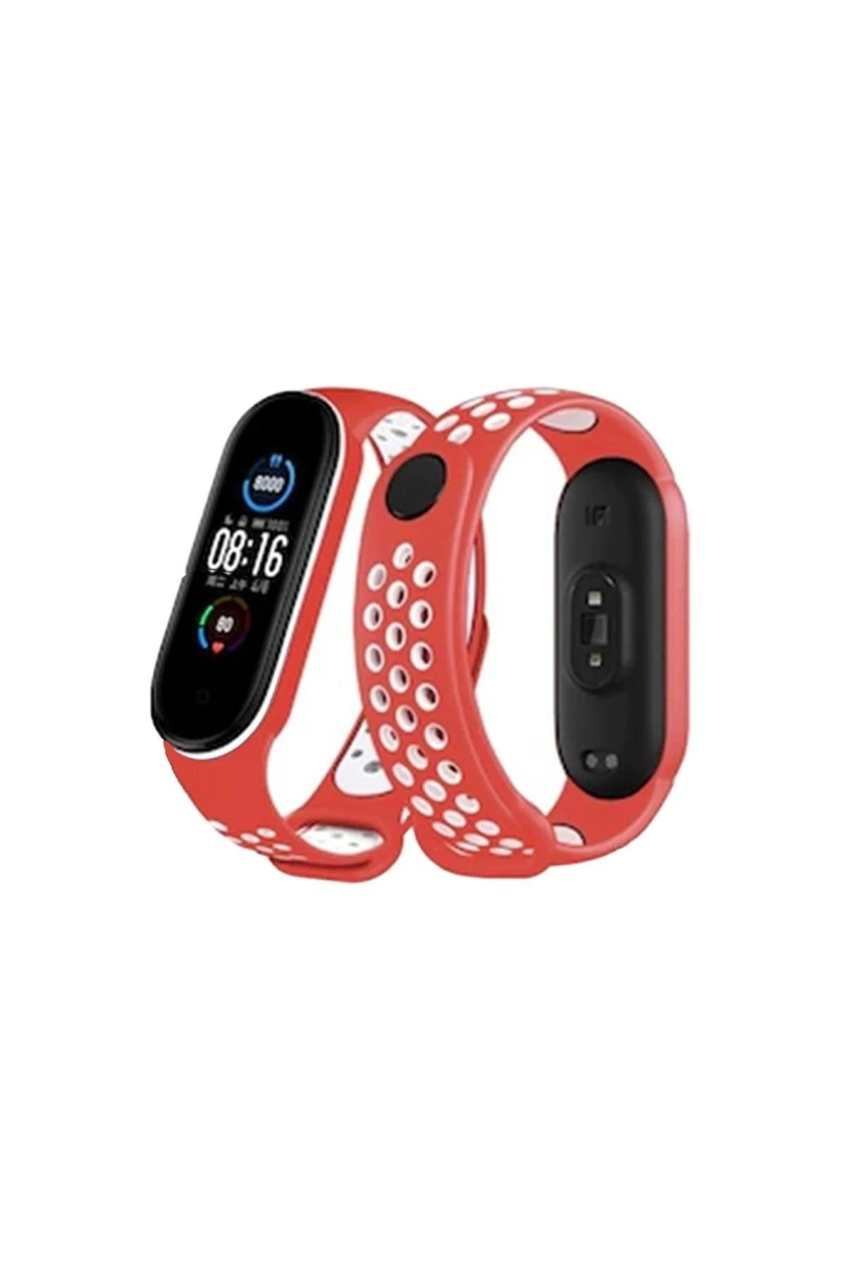 Mey İthalat®   Mi Band 4 Spor Delikli Kordon - Kırmızı-Beyaz