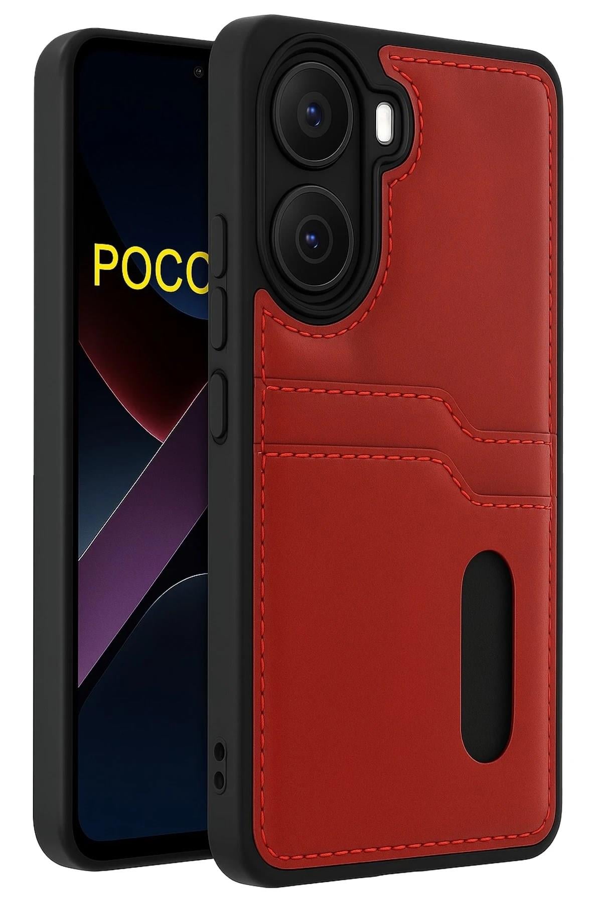 Mey İthalat®   Poco X7 Pro Kılıf Sara Kartvizitli Deri Kılıf - Kırmızı