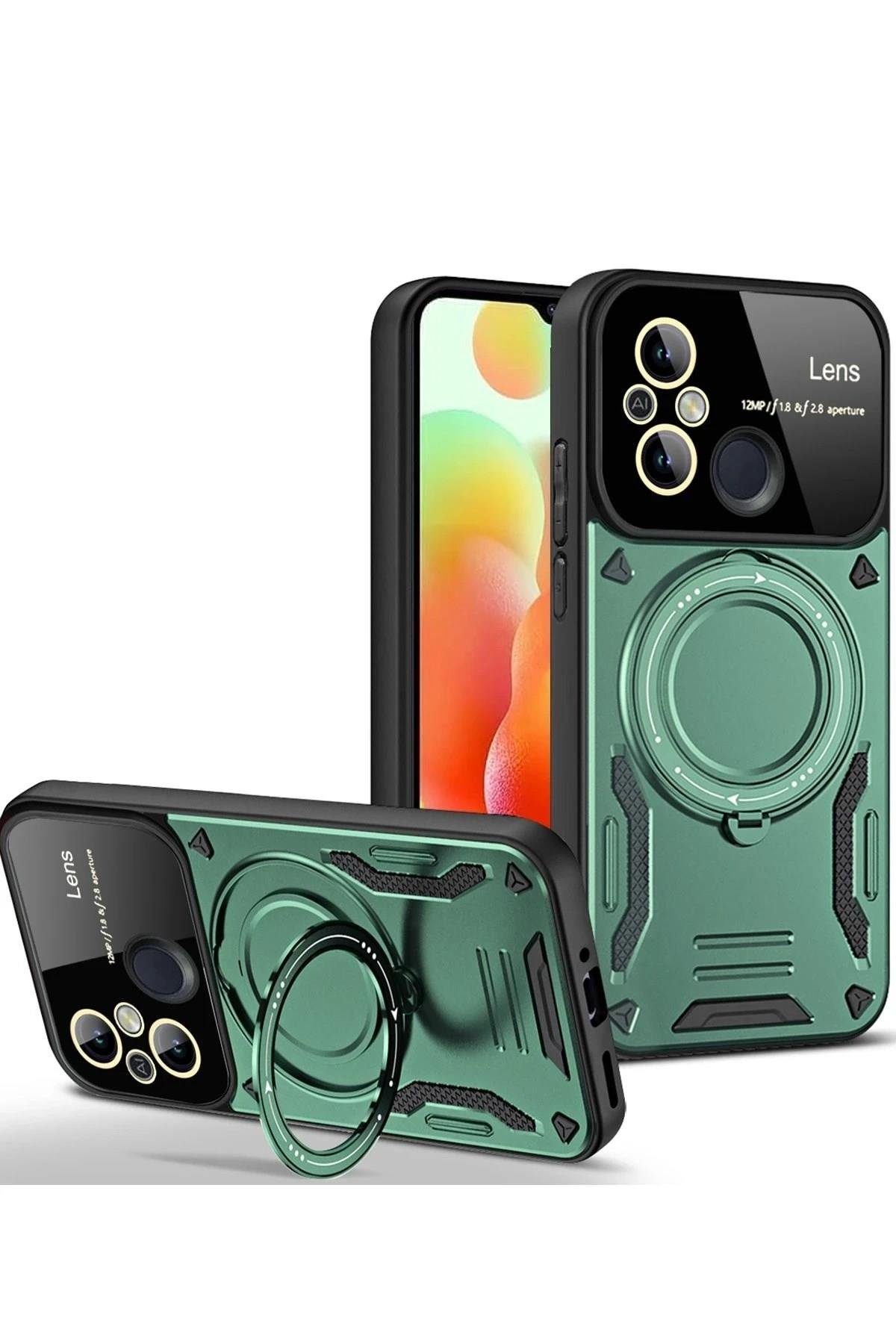 Mey İthalat®   Redmi 12C Kılıf Joy Lens Standlı Kapak - Koyu Yeşil