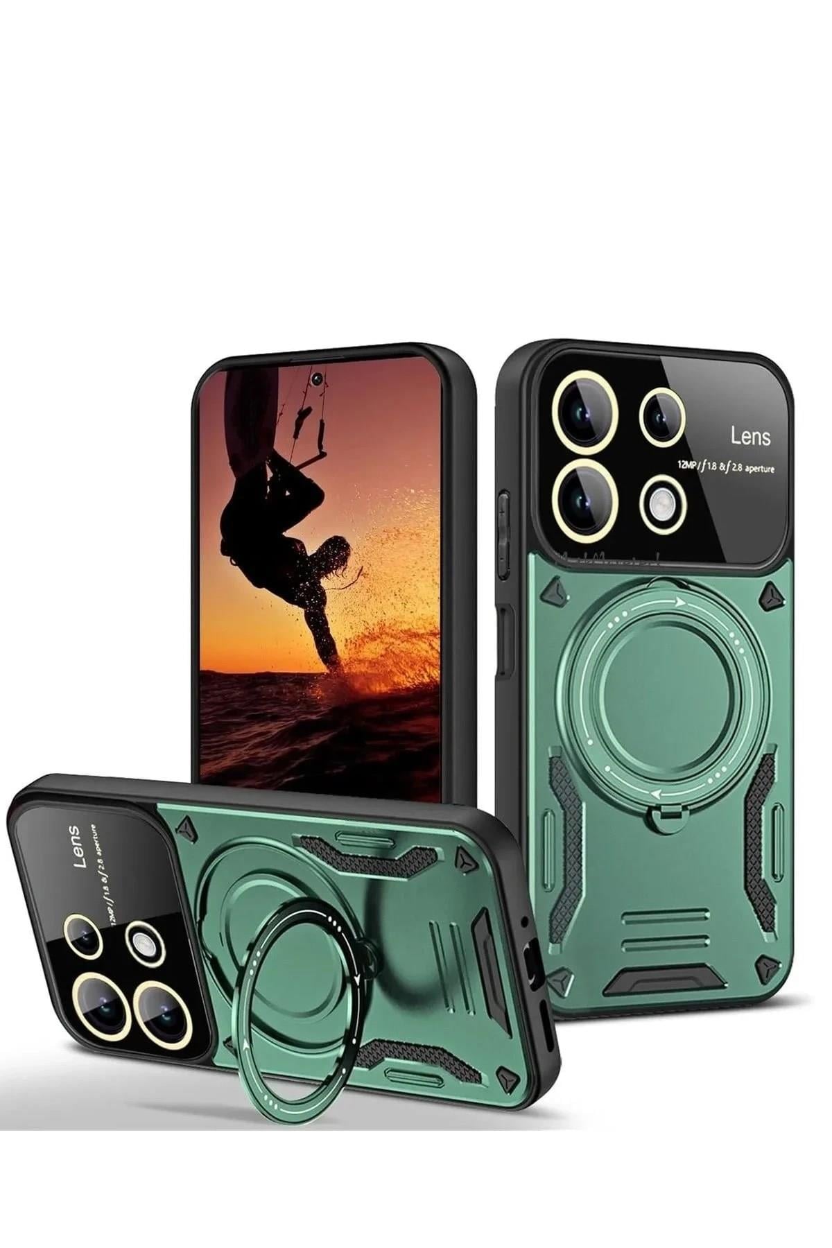 Mey İthalat®   Redmi 13 4G Kılıf Joy Lens Standlı Kapak - Koyu Yeşil