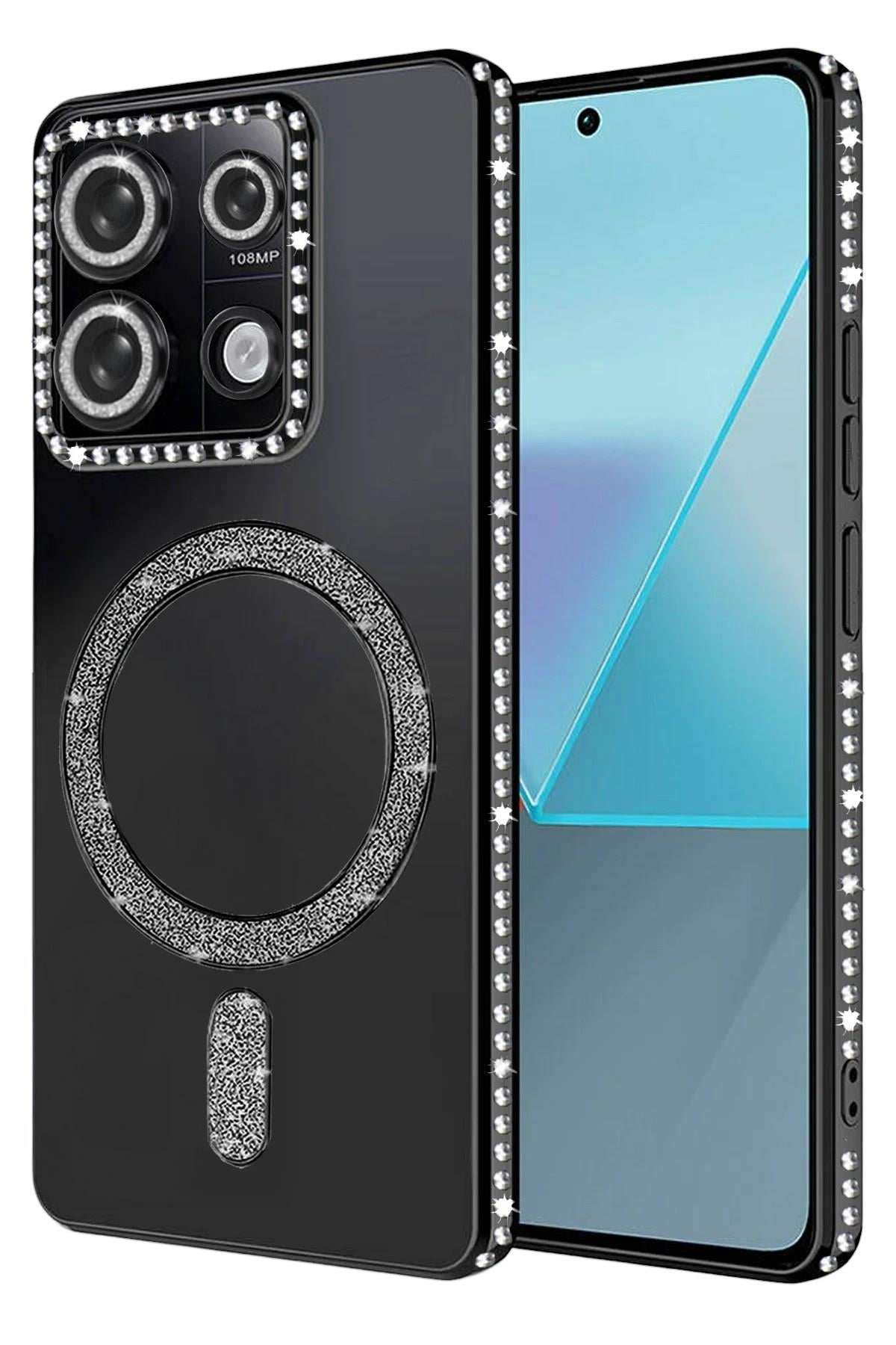 Mey İthalat®   Redmi 13C Joke Simli Magneticsafe Kılıf - Siyah