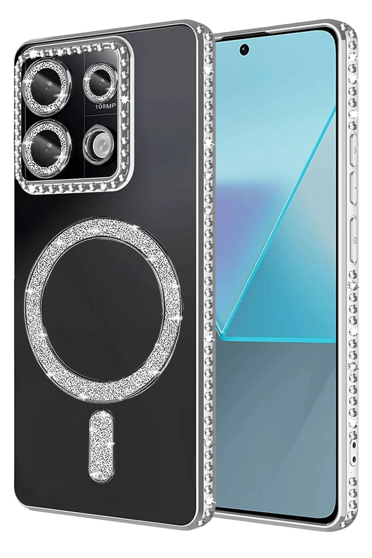 Mey İthalat®   Redmi 13C Joke Simli Magneticsafe Kılıf - Gümüş