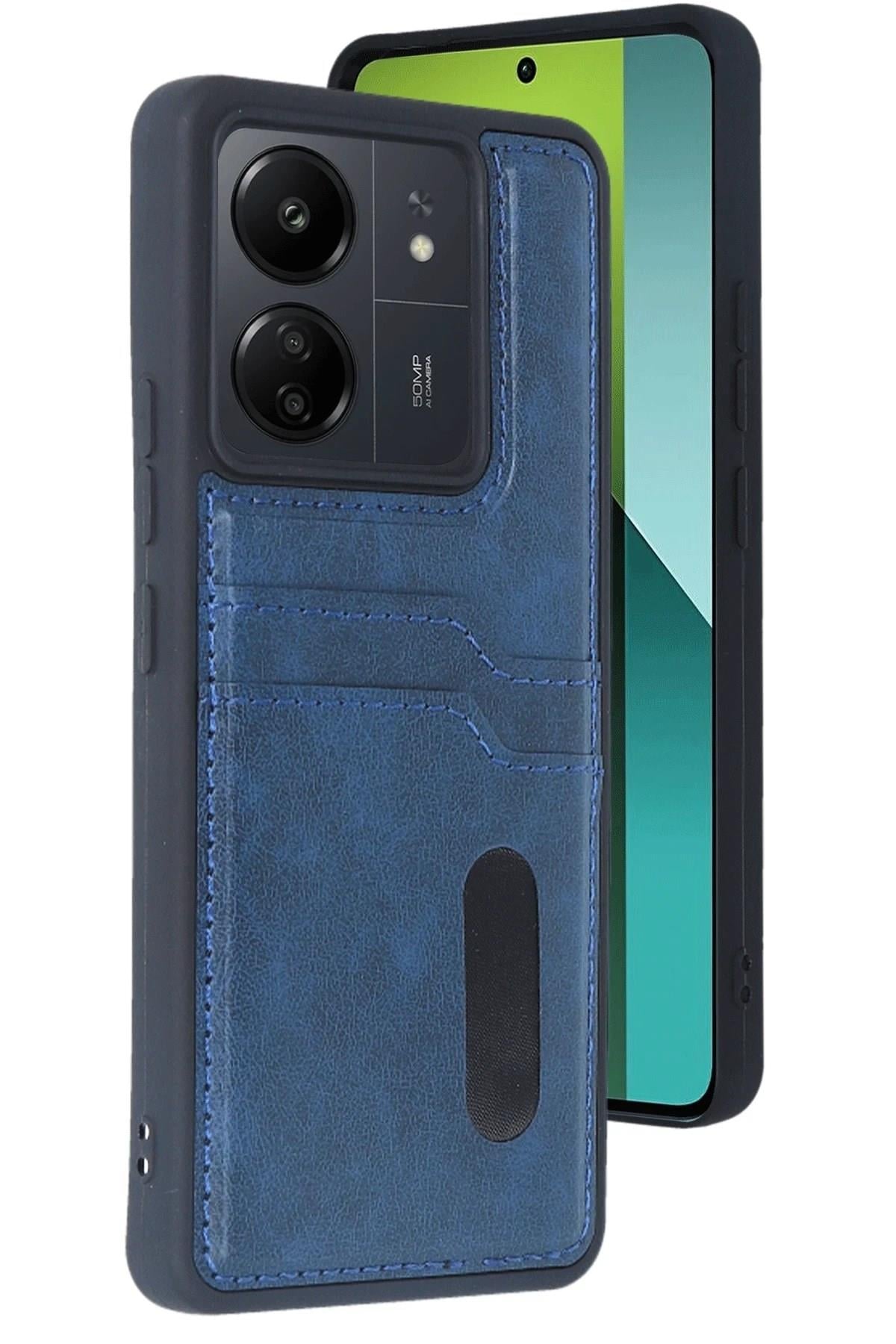Mey İthalat®   Redmi 13C Kılıf Sara Kartvizitli Deri Kılıf - Lacivert