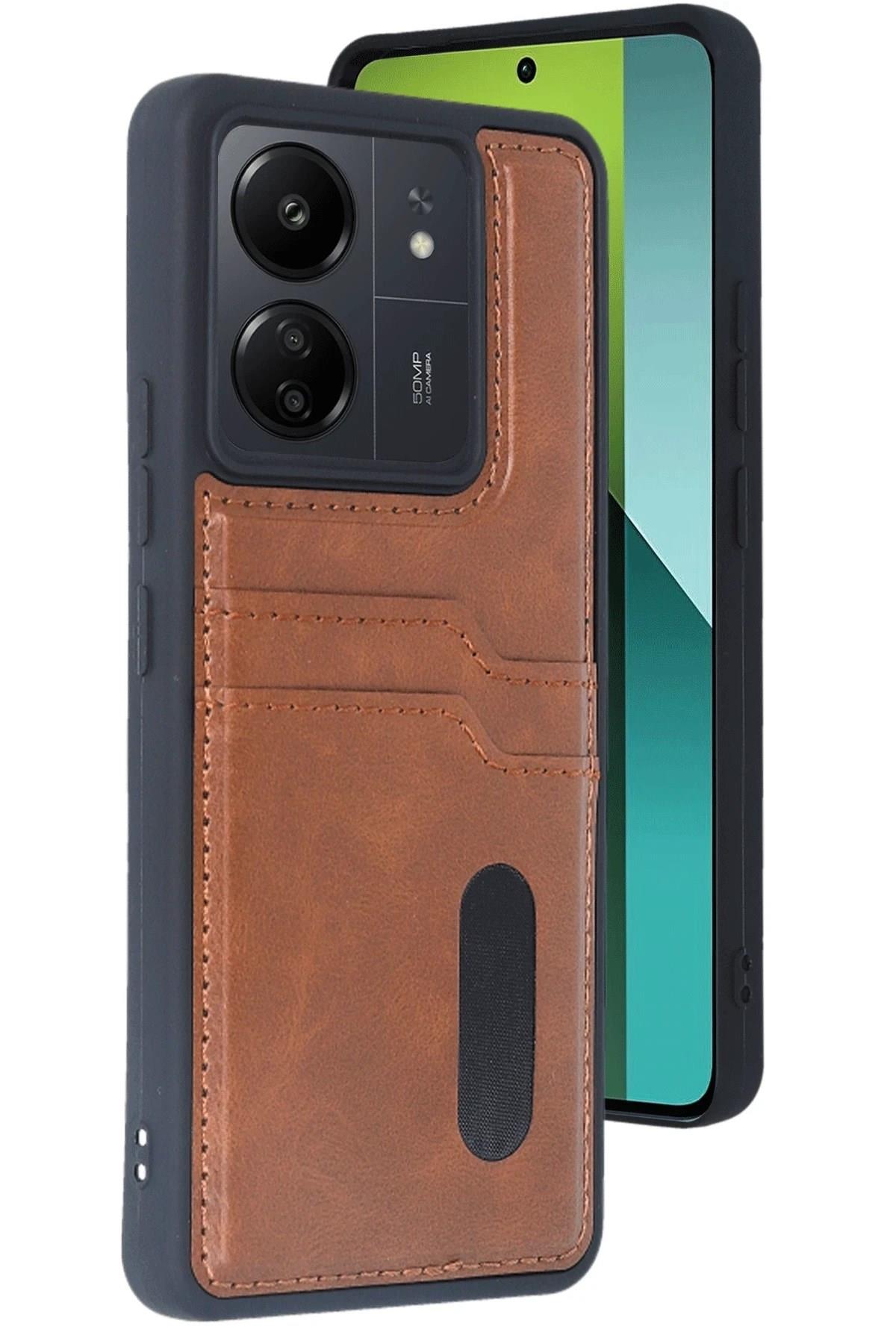 Mey İthalat®   Redmi 13C Kılıf Sara Kartvizitli Deri Kılıf - Taba