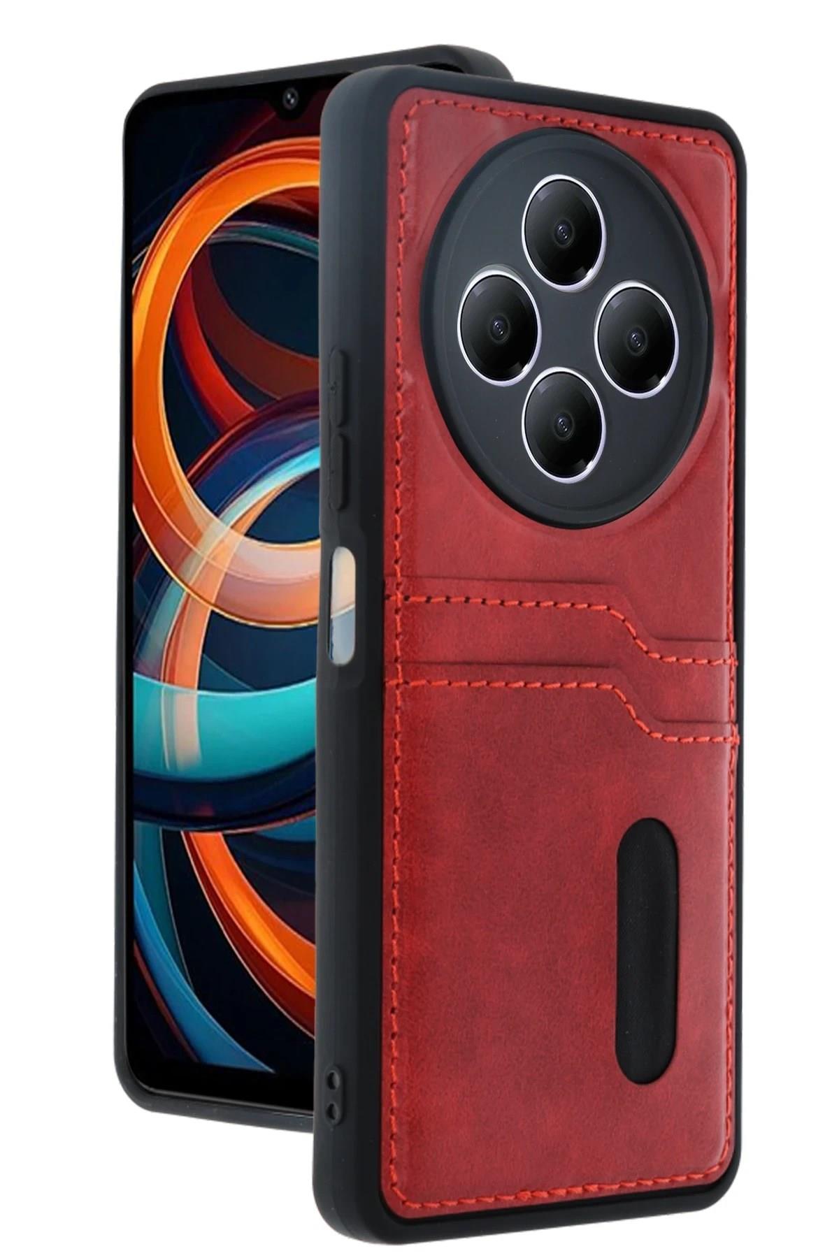 Mey İthalat®   Redmi 14C Kılıf Sara Kartvizitli Deri Kılıf - Kırmızı