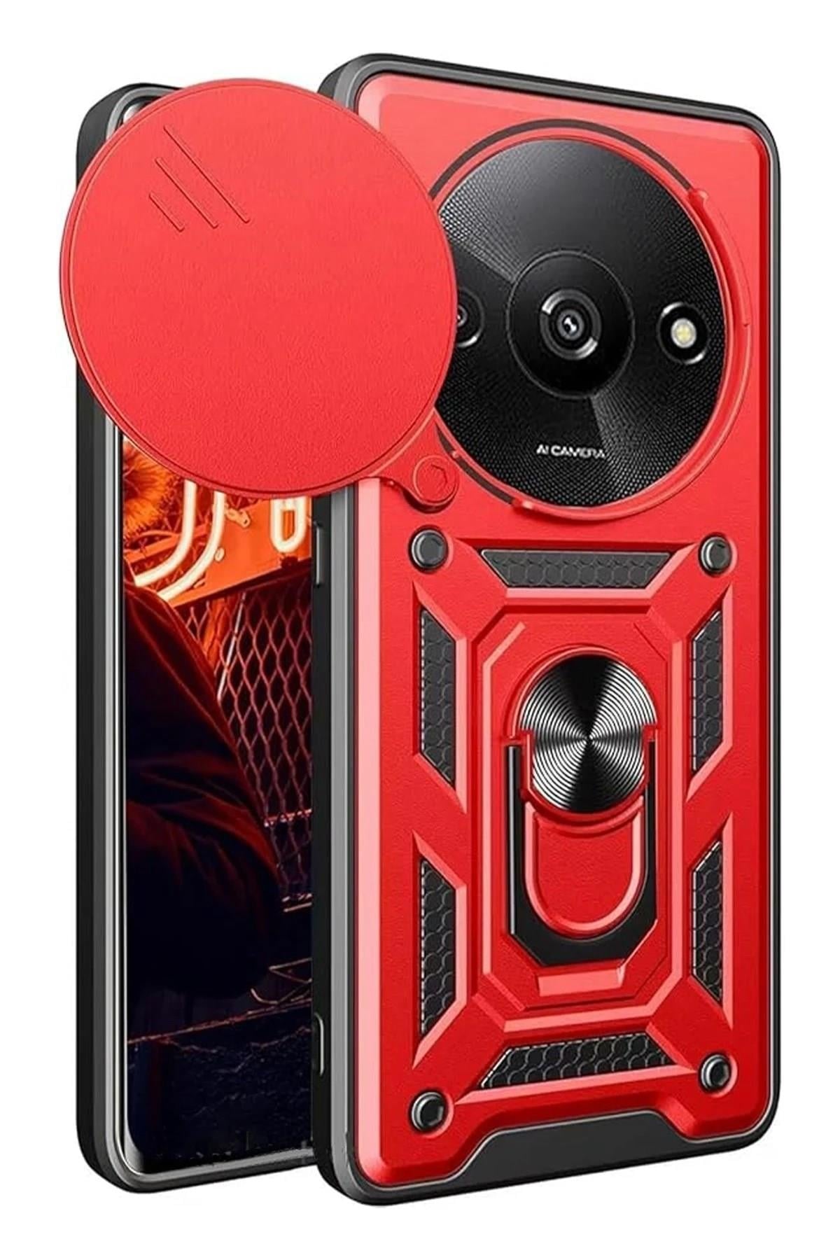 Mey İthalat®   Redmi A3 4G Kılıf Pars Lens Yüzüklü Silikon - Kırmızı