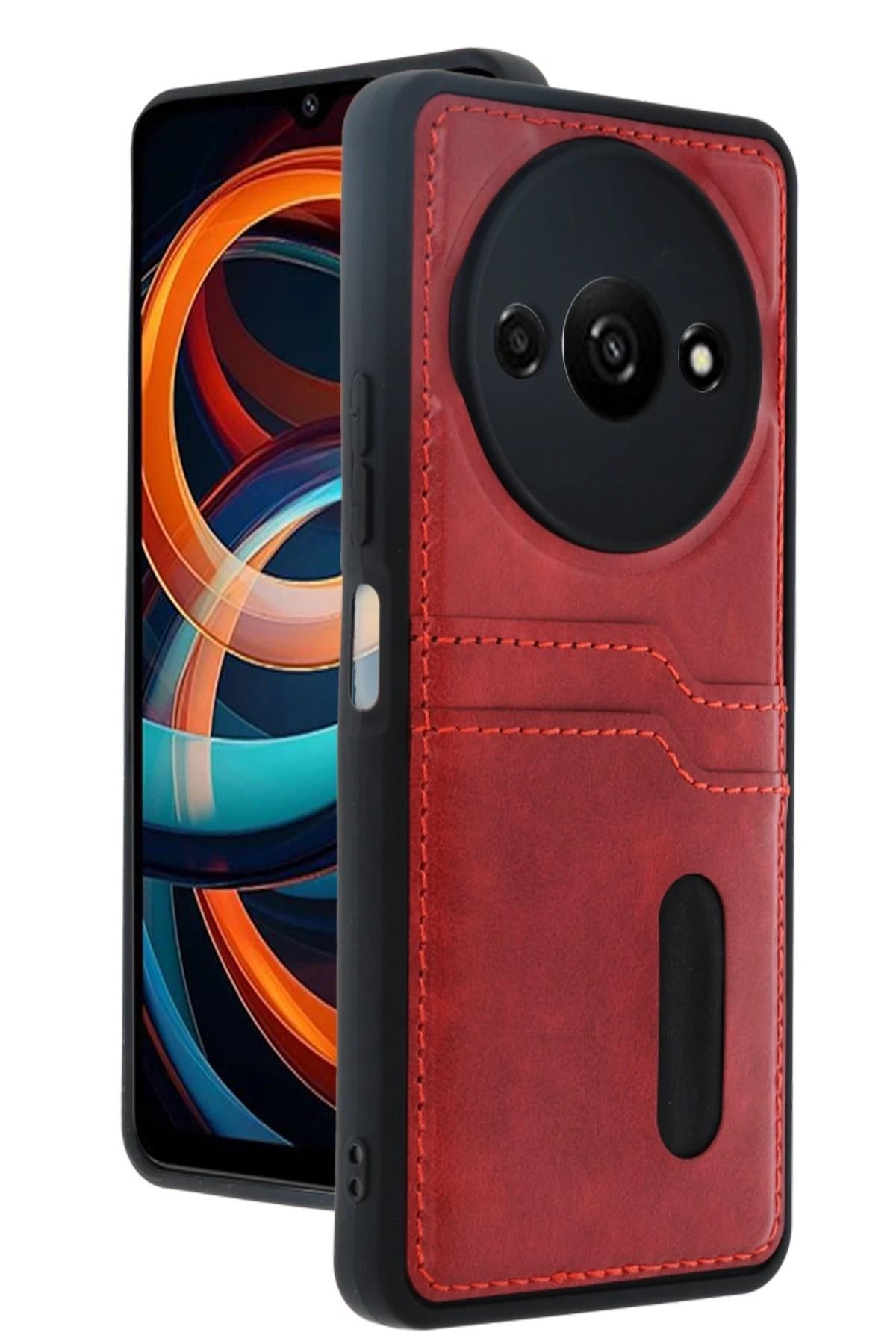 Mey İthalat®   Redmi A3 4G Kılıf Sara Kartvizitli Deri Kılıf - Kırmızı