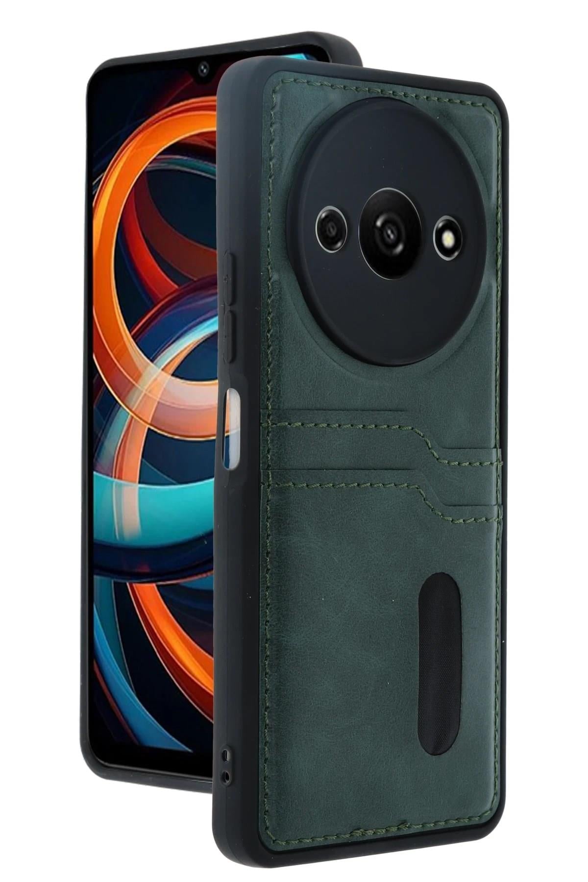 Mey İthalat®   Redmi A3 4G Kılıf Sara Kartvizitli Deri Kılıf - Koyu Yeşil