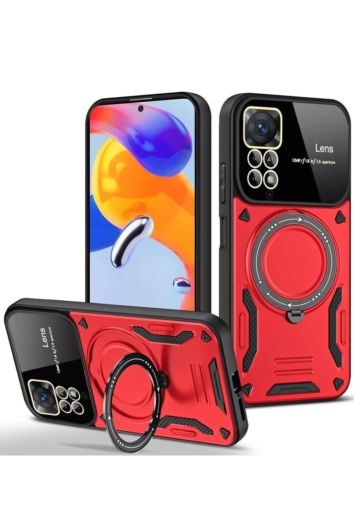 Mey İthalat®   Redmi Note 11 Pro Kılıf Joy Lens Standlı Kapak - Kırmızı