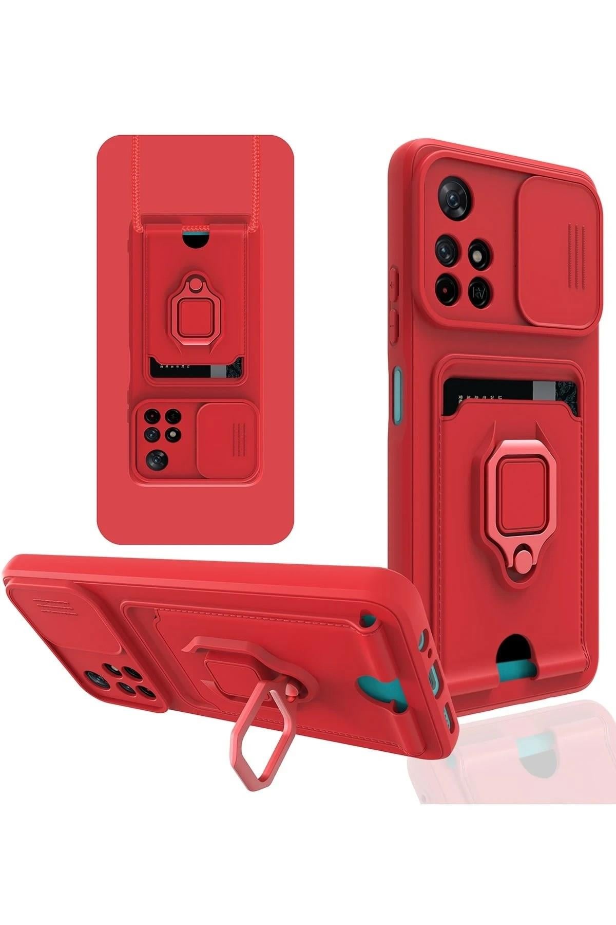 Mey İthalat®   Redmi Note 11T Kılıf Zuma Kartvizitli Yüzüklü Silikon - Kırmızı