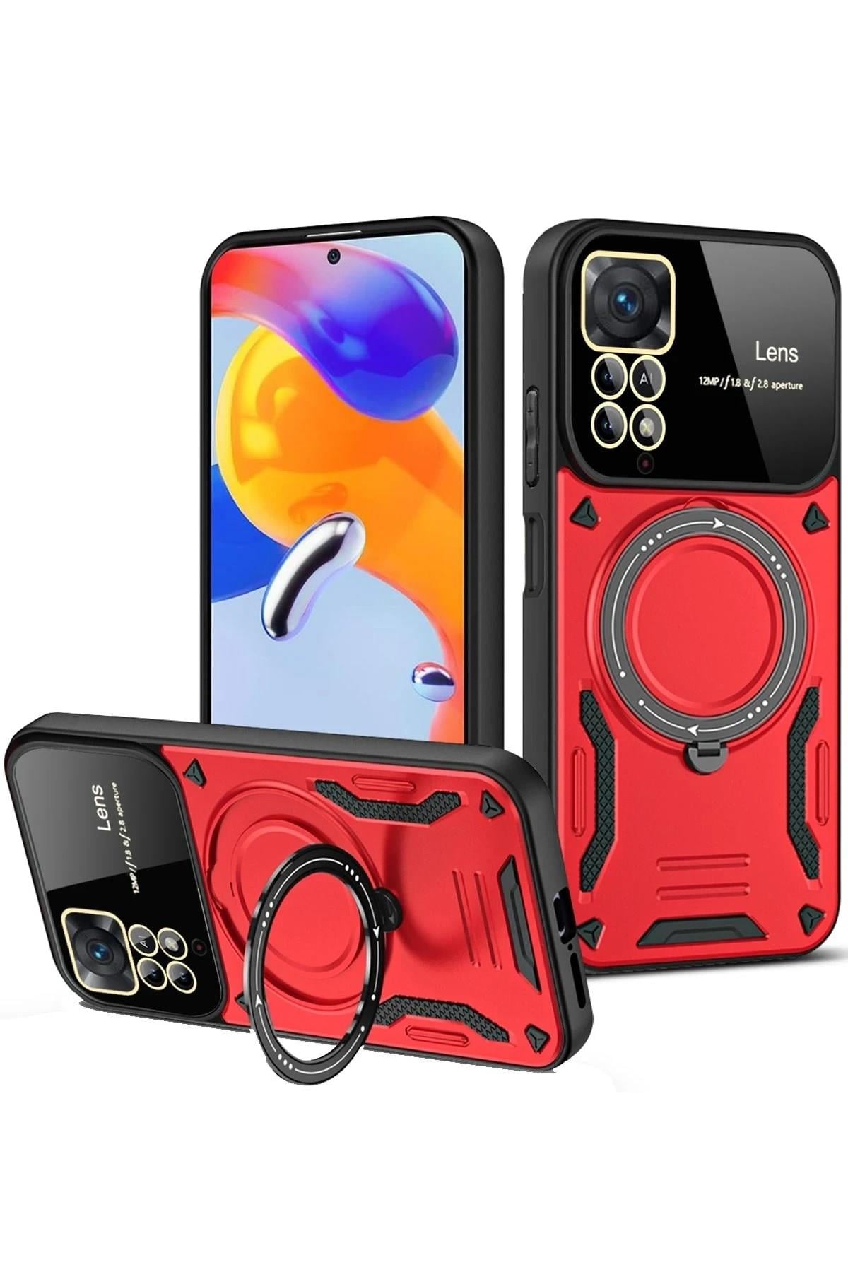 Mey İthalat®   Redmi Note 12 Pro 4G Kılıf Joy Lens Standlı Kapak - Kırmızı