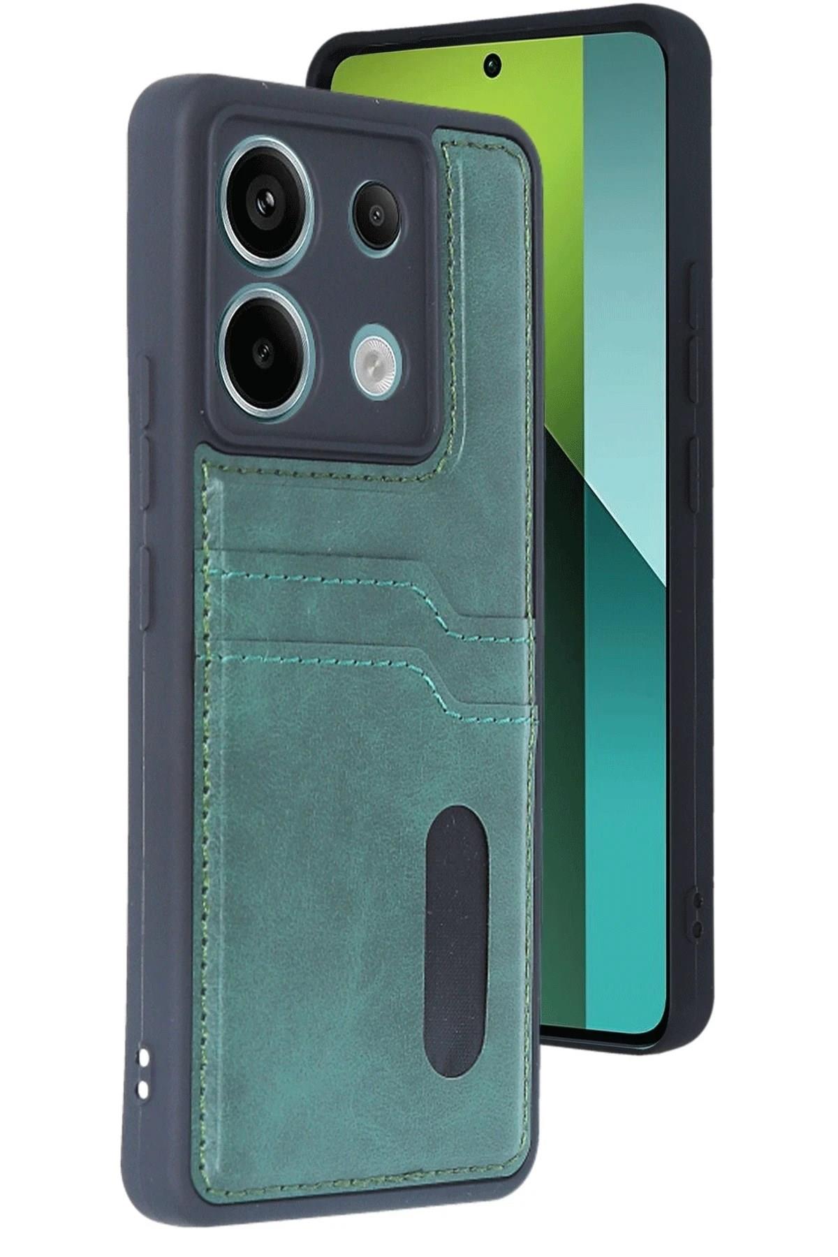 Mey İthalat®   Redmi Note 13 Pro 5G Kılıf Sara Kartvizitli Deri Kılıf - Koyu Yeşil