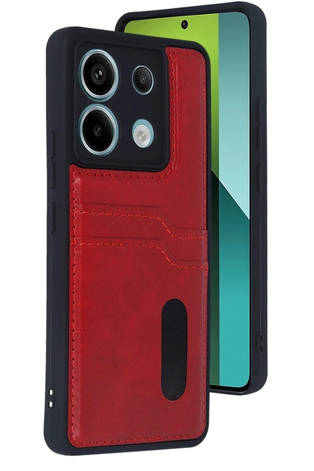 Mey İthalat®   Redmi Note 13 Pro 5G Kılıf Sara Kartvizitli Deri Kılıf - Kırmızı