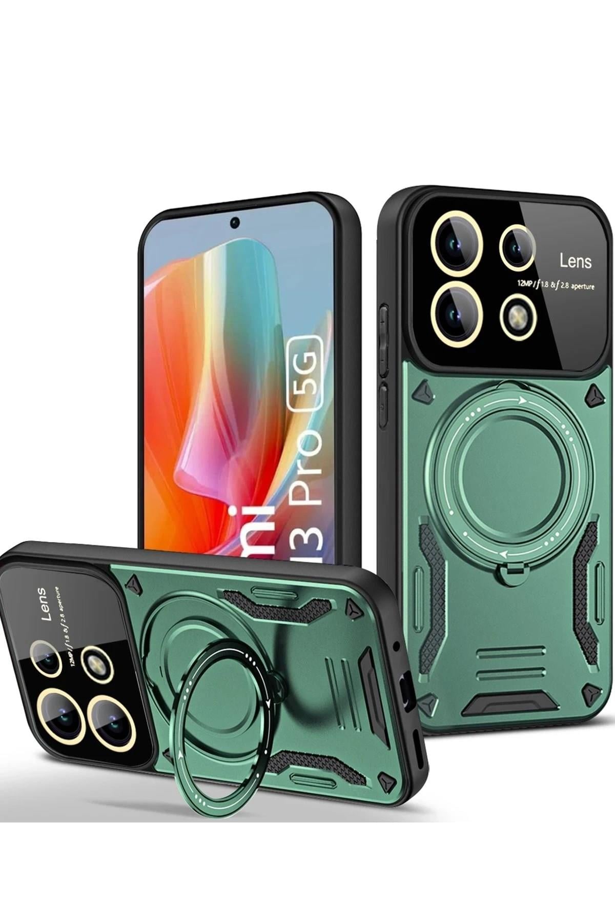 Mey İthalat®   Redmi Note 13 Pro 5G Kılıf Joy Lens Standlı Kapak - Koyu Yeşil
