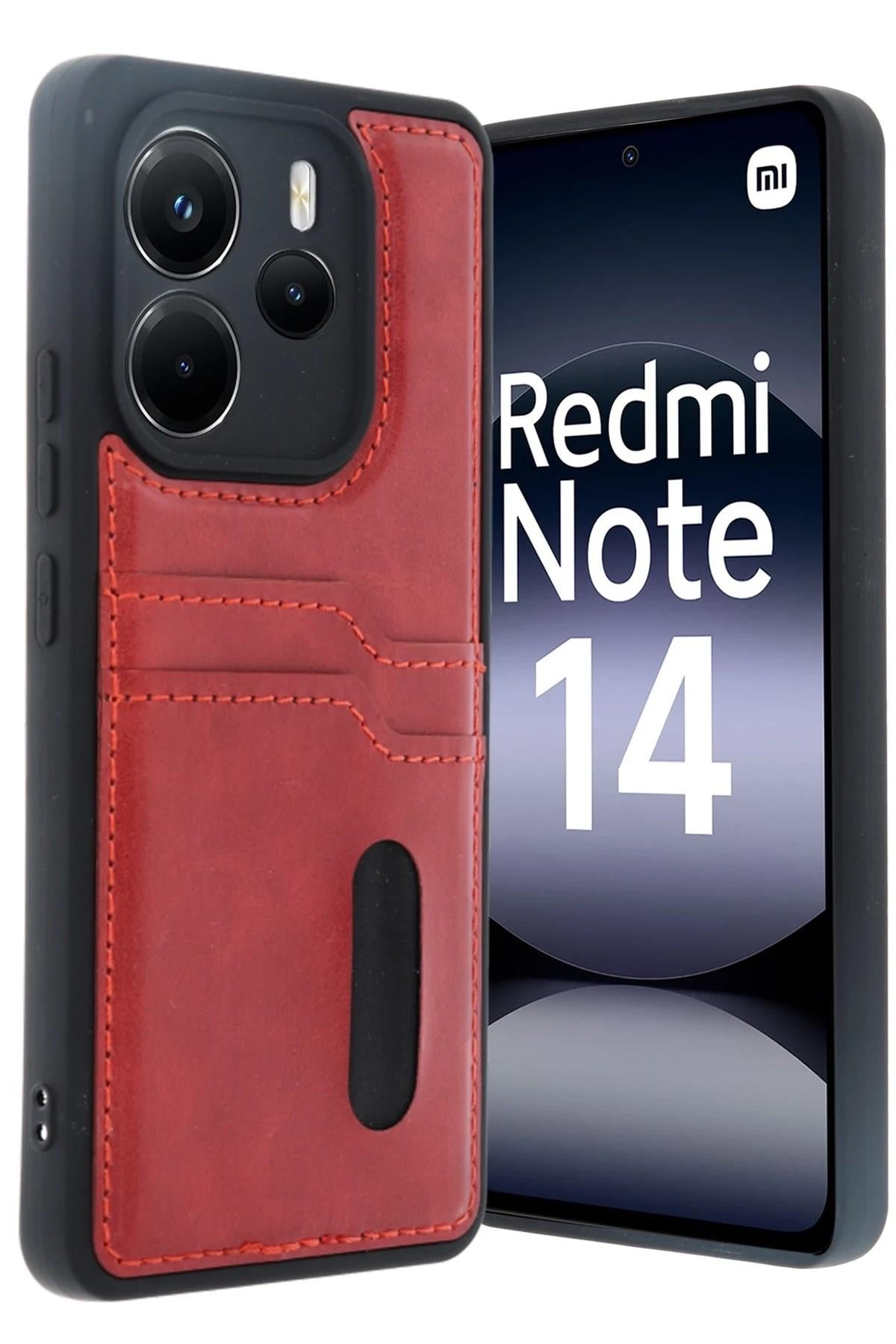 Mey İthalat®   Redmi Note 14 4G Kılıf Sara Kartvizitli Deri Kılıf - Kırmızı
