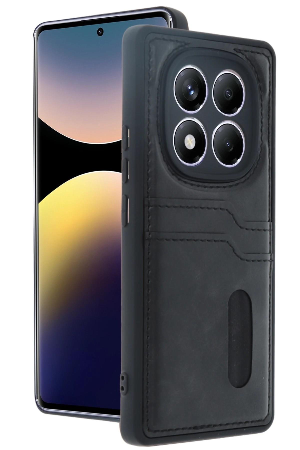 Mey İthalat®   Redmi Note 14 Pro 5G Kılıf Sara Kartvizitli Deri Kılıf - Siyah