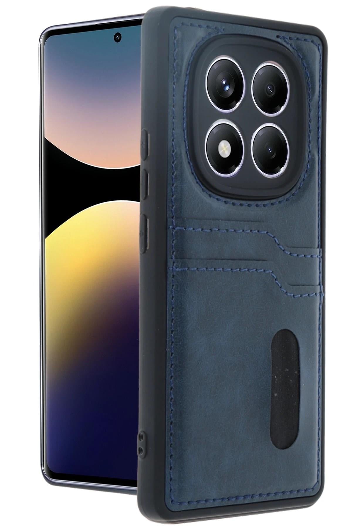 Mey İthalat®   Redmi Note 14 Pro 5G Kılıf Sara Kartvizitli Deri Kılıf - Lacivert