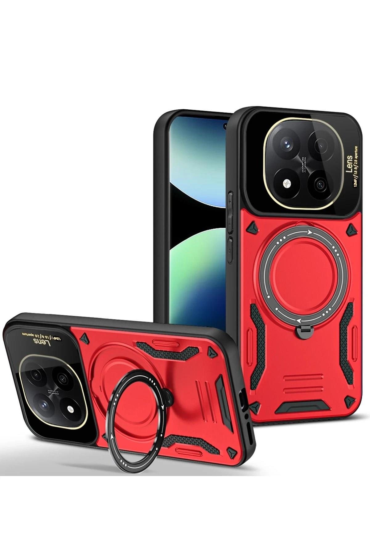 Mey İthalat®   Redmi Note 14 Pro 5G Kılıf Joy Lens Standlı Kapak - Kırmızı