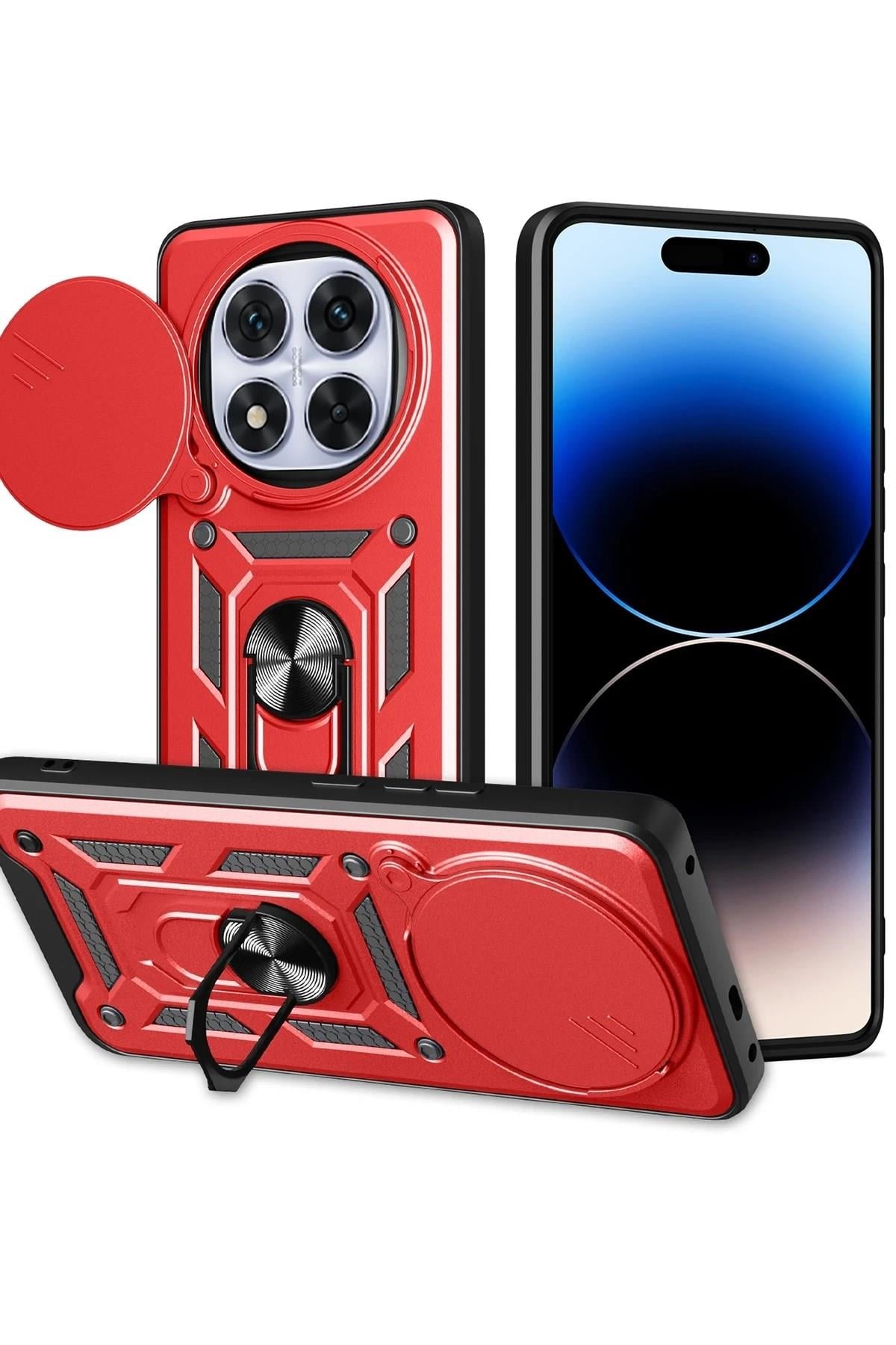 Mey İthalat®   Redmi Note 14 Pro Plus Kılıf Pars Lens Yüzüklü Silikon - Kırmızı