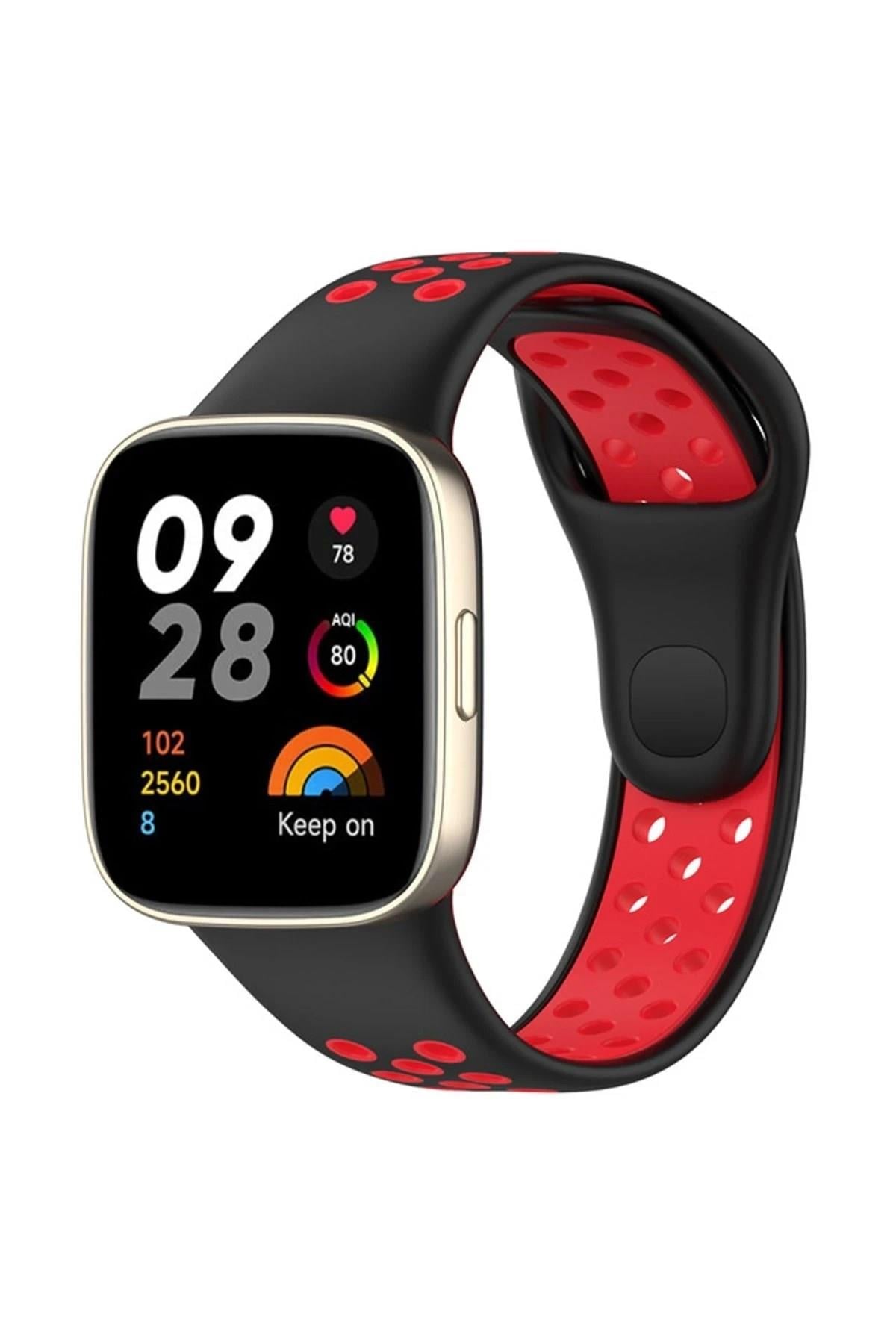 Mey İthalat®   Redmi Watch 3 Spor Delikli Kordon - Siyah-Kırmızı