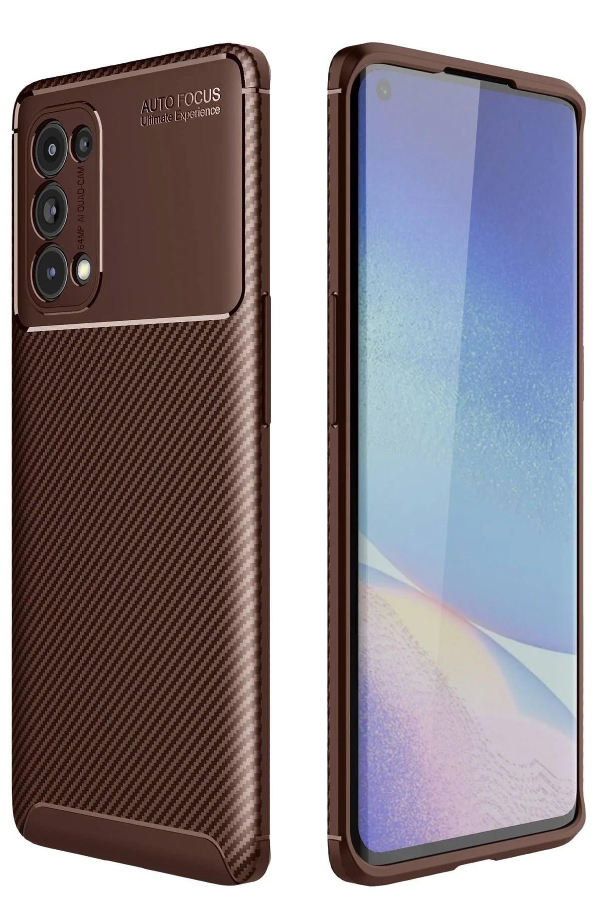 Mey İthalat®   Reno 5 Pro Kılıf Auto Focus Karbon Kapak - Kahverengi