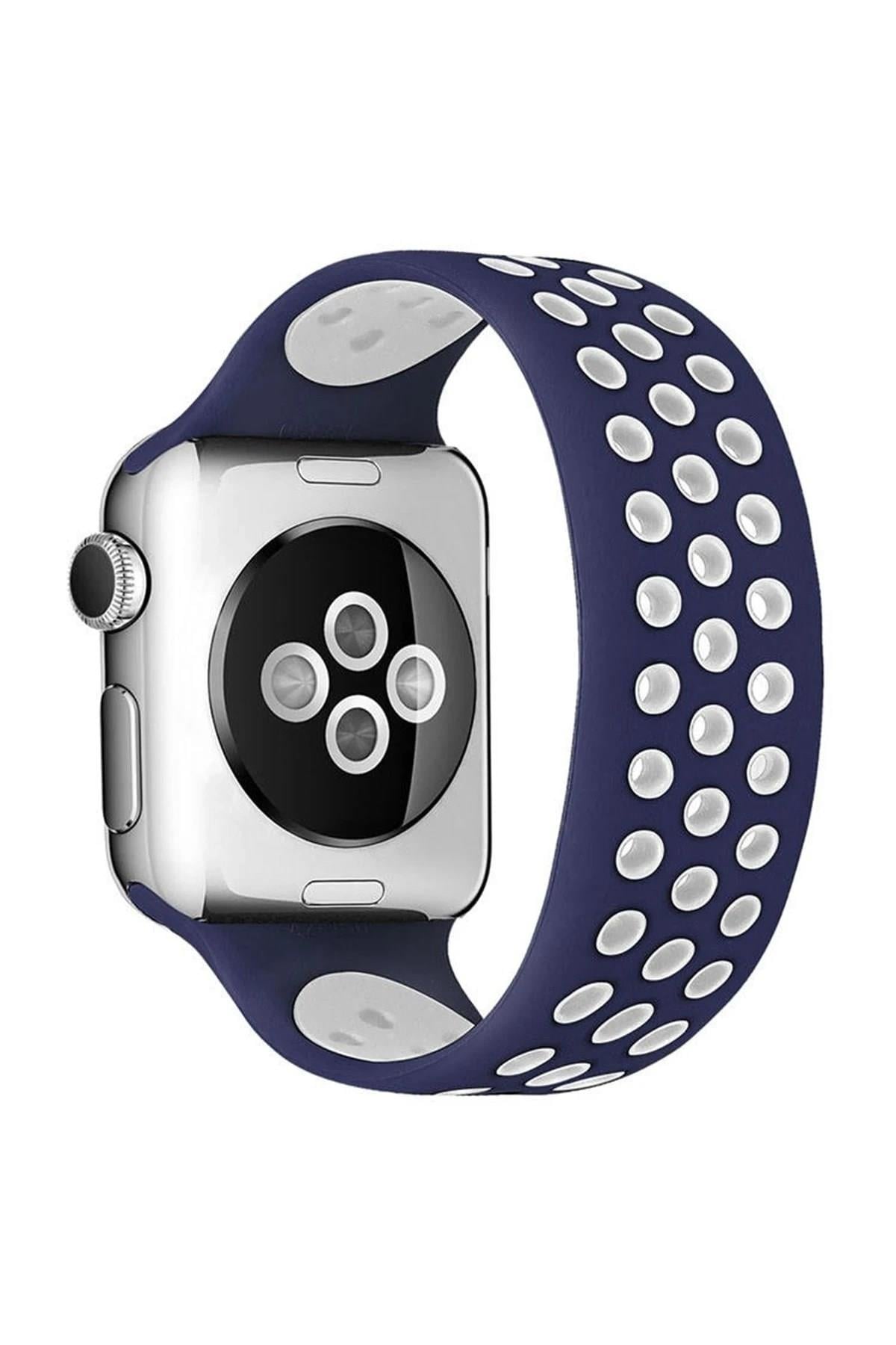 Mey İthalat®   Watch 38mm Ayarlı Delikli Silikon Kordon - Lacivert-Beyaz
