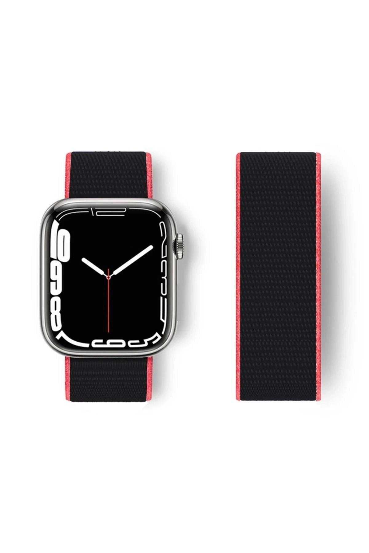Mey İthalat®   Watch 38mm Hasırlı Cırtcırtlı Kordon - Pembe-Siyah