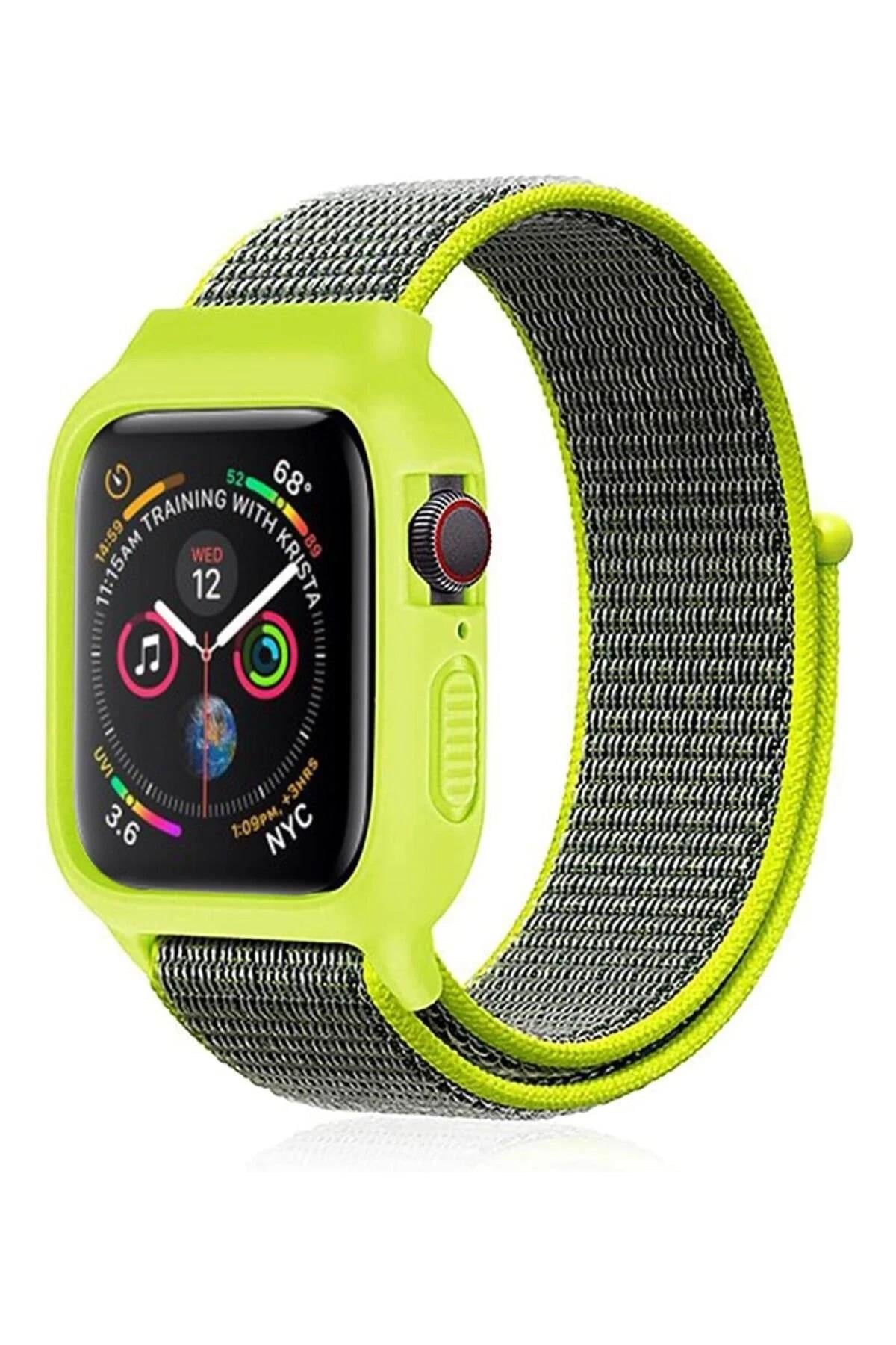 Mey İthalat®   Watch 38mm Hasırlı Cırtcırtlı Kasalı Kordon - Yeşil